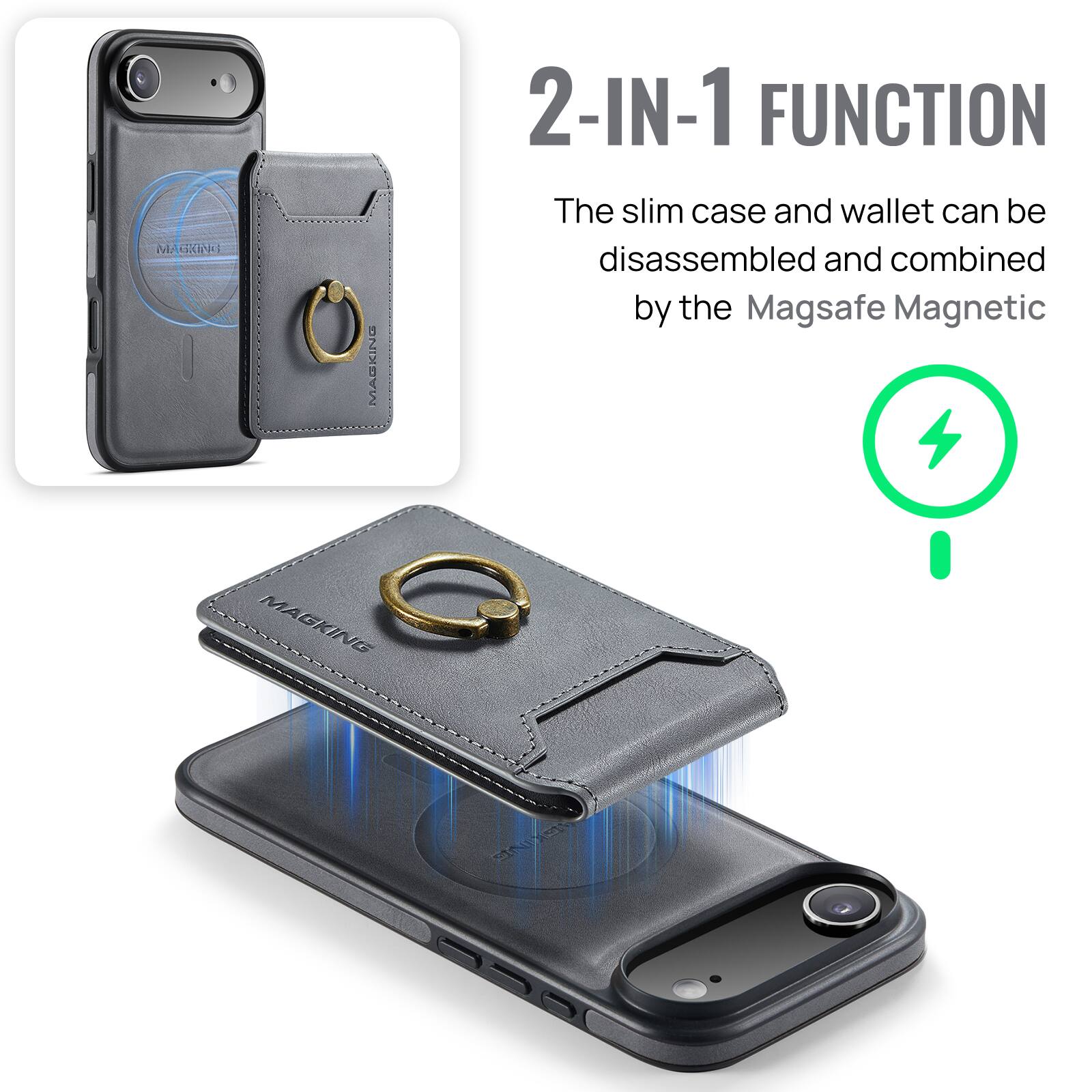 MAGKING 2-IN-1 FUNCTION  
The slim case and wallet can be disassembled and combined by the Magsafe Magnetic