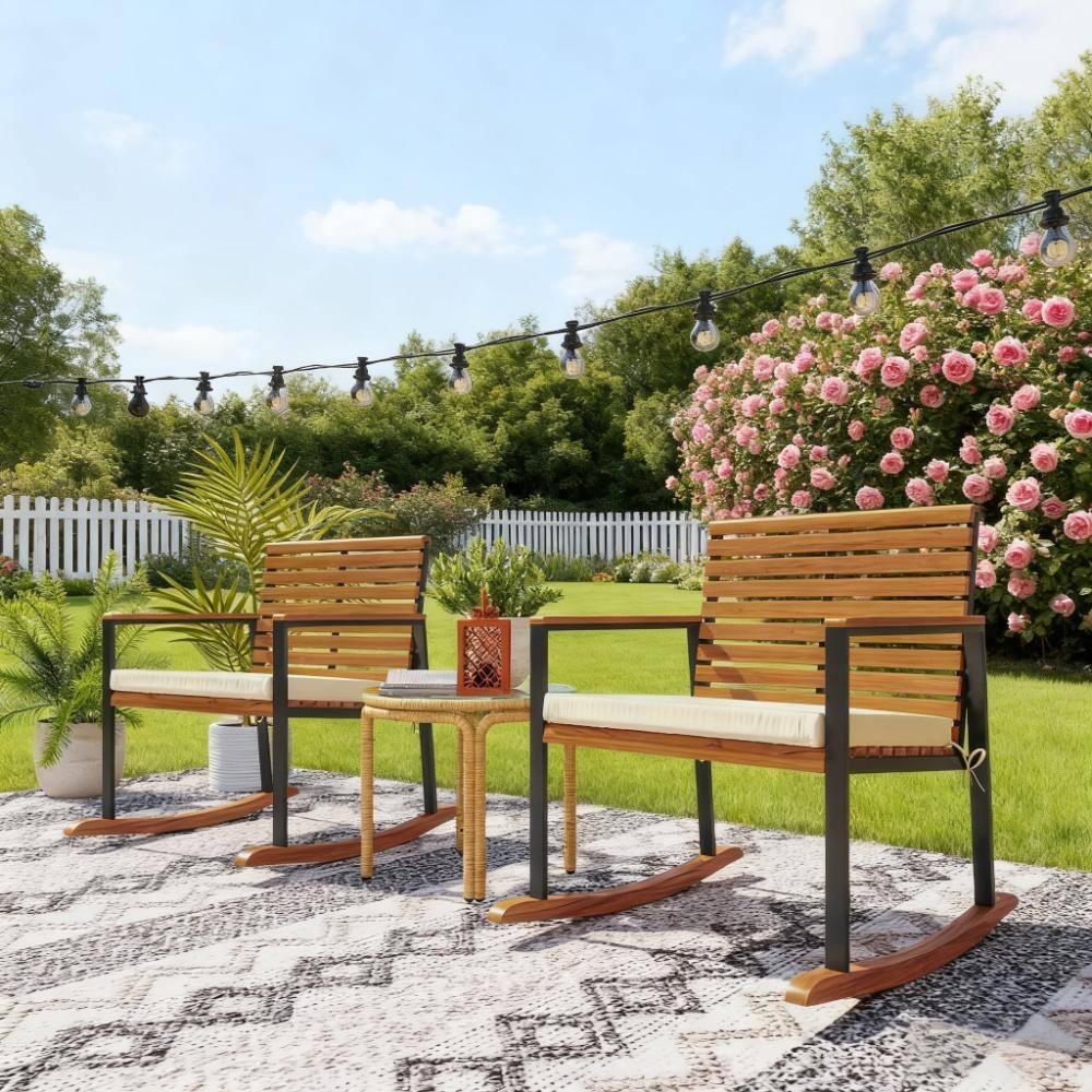 Angle. Loheer - Loheer Lawn Rocking Chair Set of 2 Acacia Wood Porch Rockers with Cushions Cream White - Cream White.