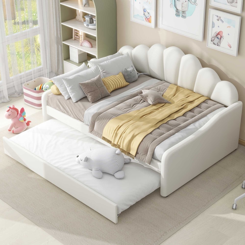 Loheer - Full Size Upholstered Daybed with Trundle Velvet Shell Shaped Backrest Sofa Bed - White price history on PriceWatchPro