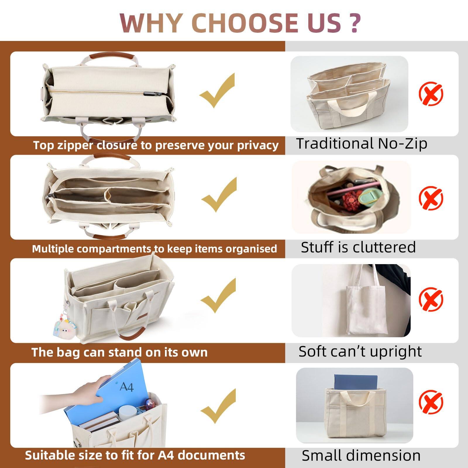 WHY CHOOSE US?

- Top zipper closure to preserve your privacy
- Multiple compartments to keep items organised
- The bag can stand on its own
- Suitable size to fit for A4 documents

Traditional No-Zip
Stuff is cluttered
Soft can't upright
Small dimension