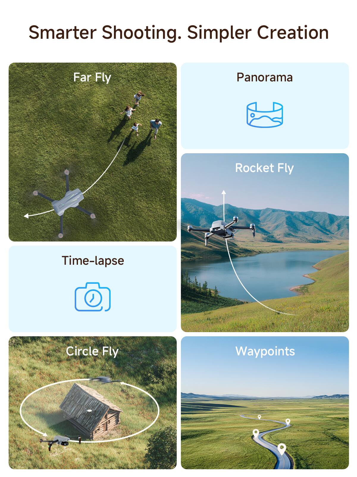 Smarter Shooting. Simpler Creation

- Far Fly
- Panorama
- Rocket Fly
- Time-lapse
- Circle Fly
- Waypoints