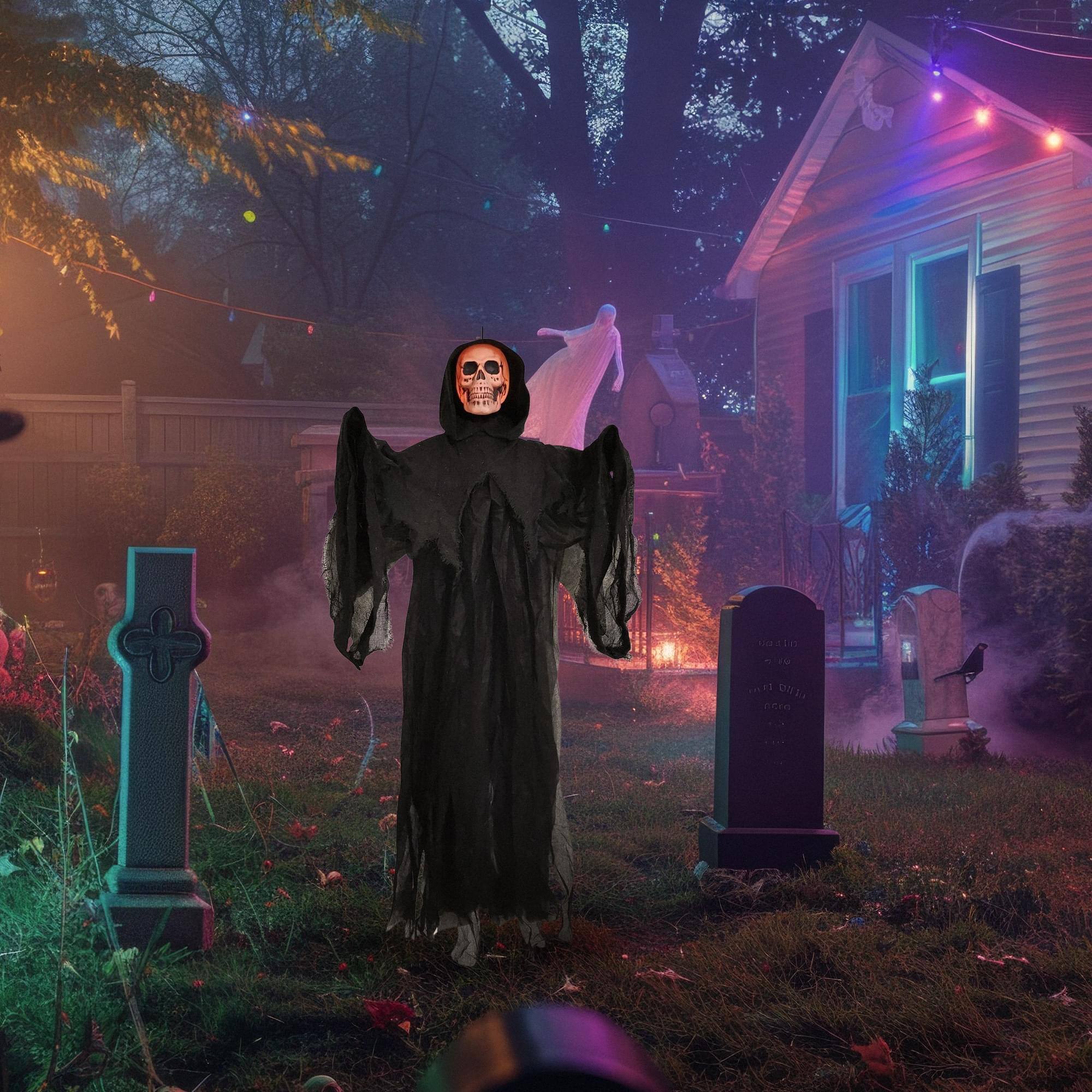 Alt View 10. Sunstar - 4 Foot Light-Up Skull Reaper Halloween Decoration - Black.