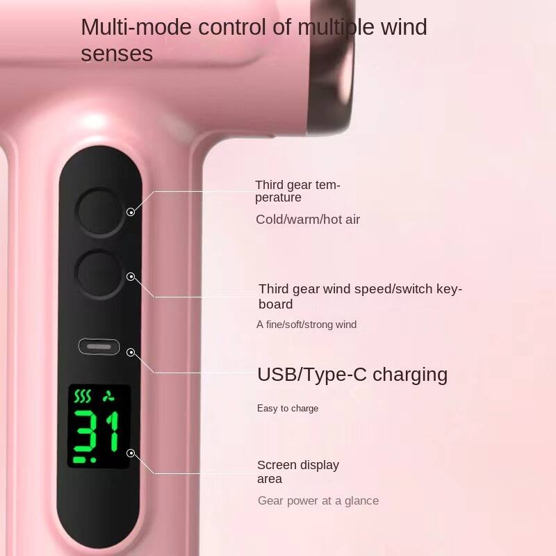 Multi-mode control of multiple wind senses

Third gear temperature
Cold/warm/hot air

Third gear wind speed/switch keyboard
A fine/soft/strong wind

USB/Type-C charging
Easy to charge

Screen display area
Gear power at a glance