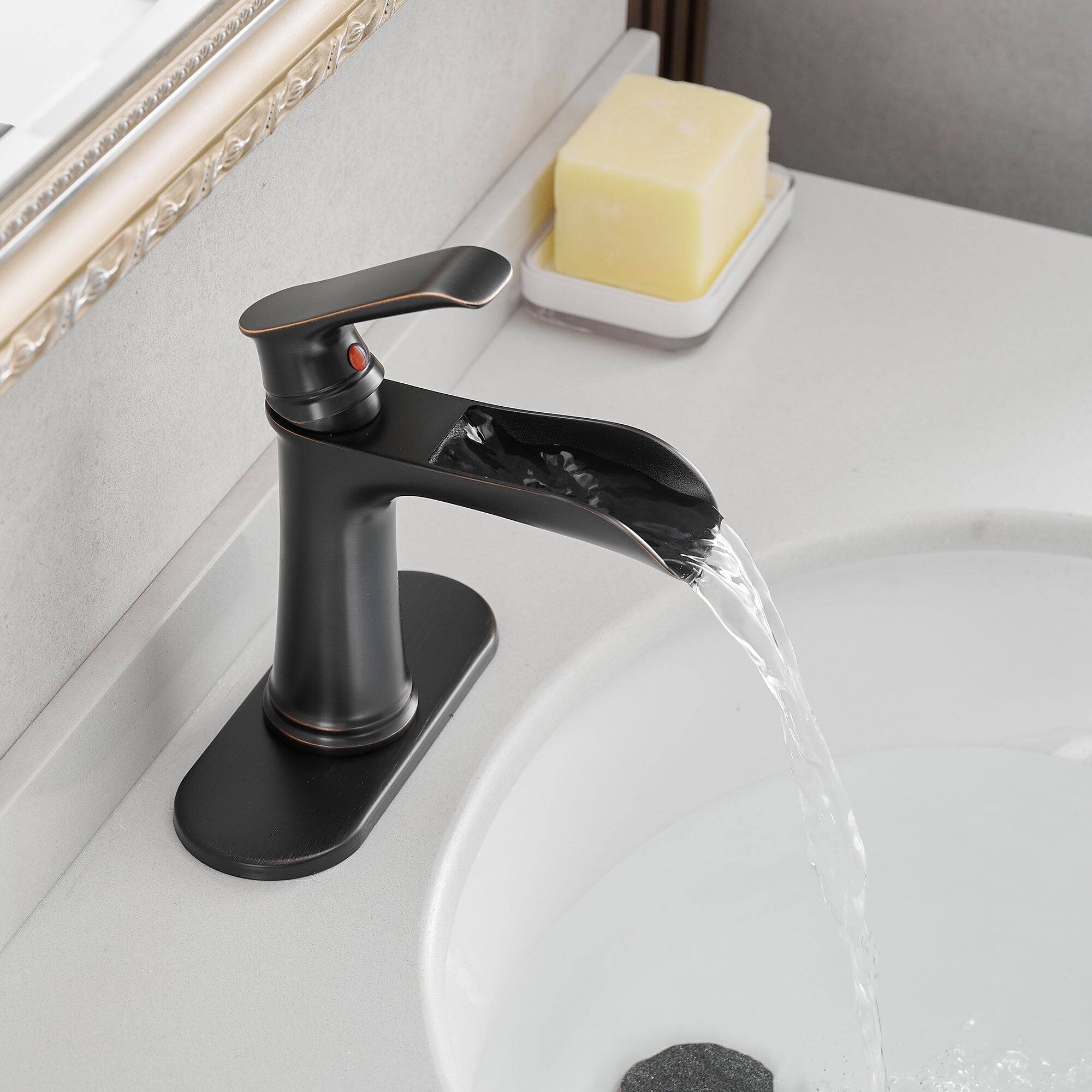 Left. Boyel Living - Single Handle Single Hole Bathroom Faucet Oil Rubbed Bronze with Deck Plate Pop Up Drain and Water Supply Hoses - Oil Rubbed Bronze.