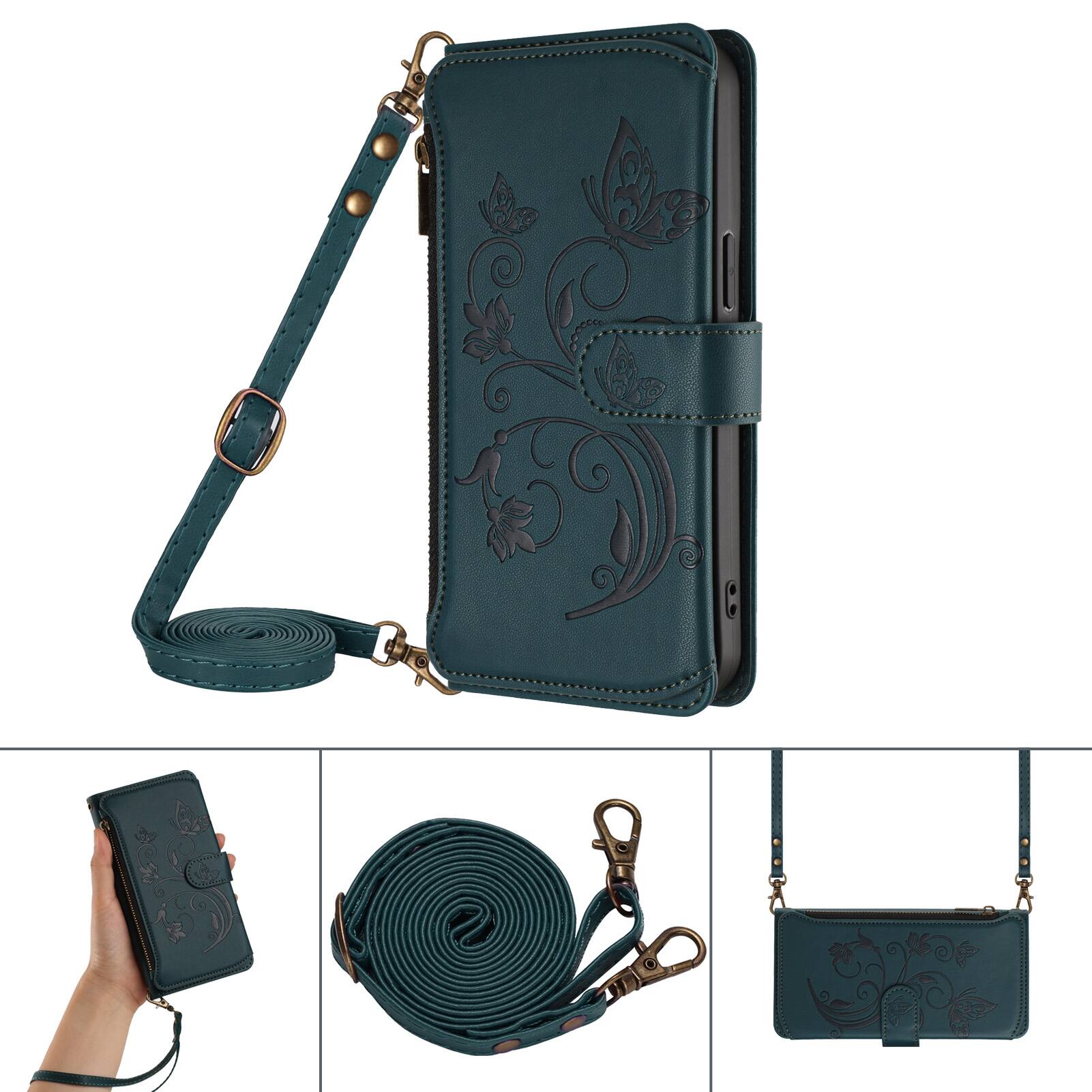 Alt View 4. Dteck - Butterfly Flower Wallet Case for Apple iPhone 17,Crossbody Zipper Pocket Magnetic Closure Flip Shockproof Cover+Lanyard - Darkblue.