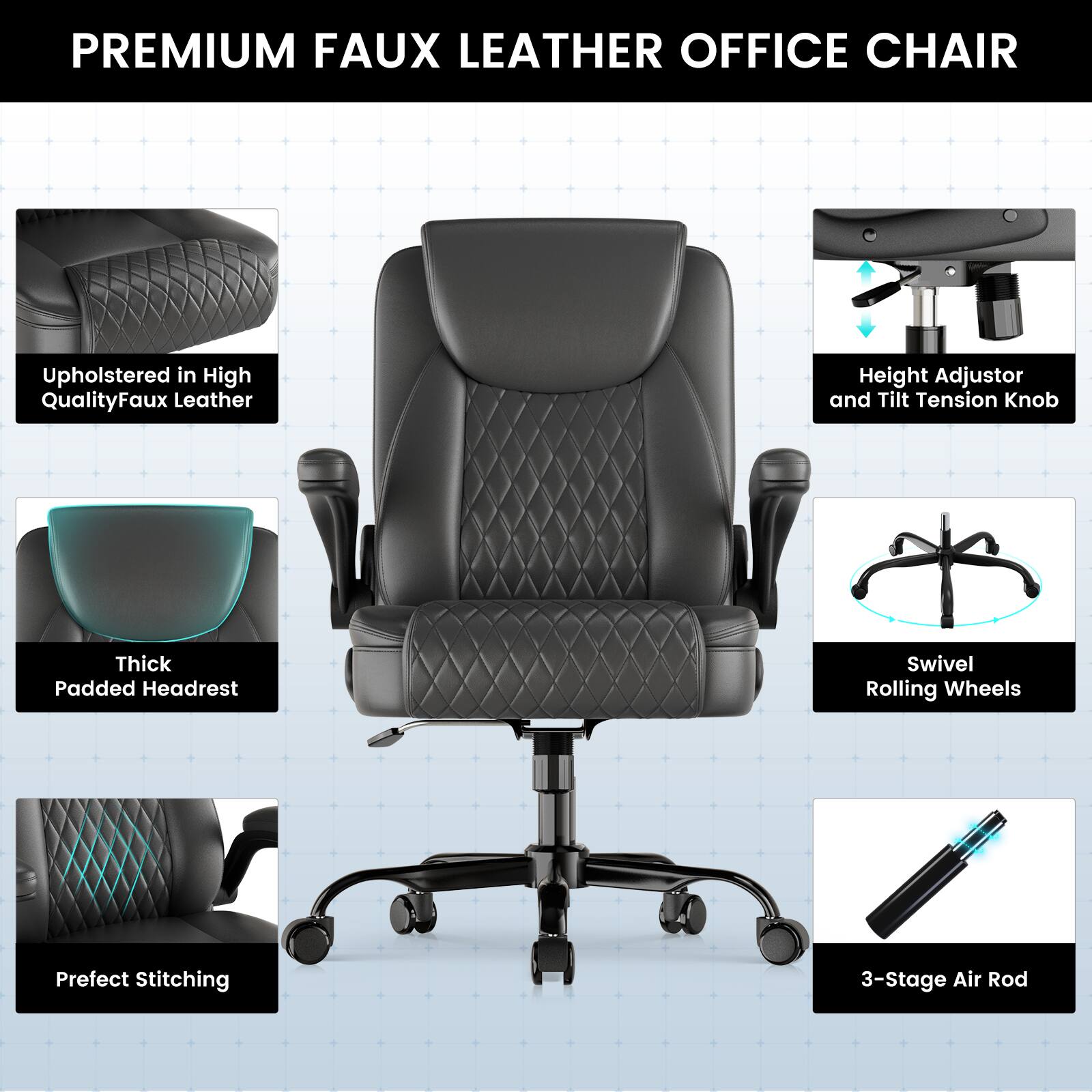 PREMIUM FAUX LEATHER OFFICE CHAIR

- Upholstered in High Quality Faux Leather
- Height Adjustor and Tilt Tension Knob
- Thick Padded Headrest
- Swivel Rolling Wheels
- Perfect Stitching
- 3-Stage Air Rod