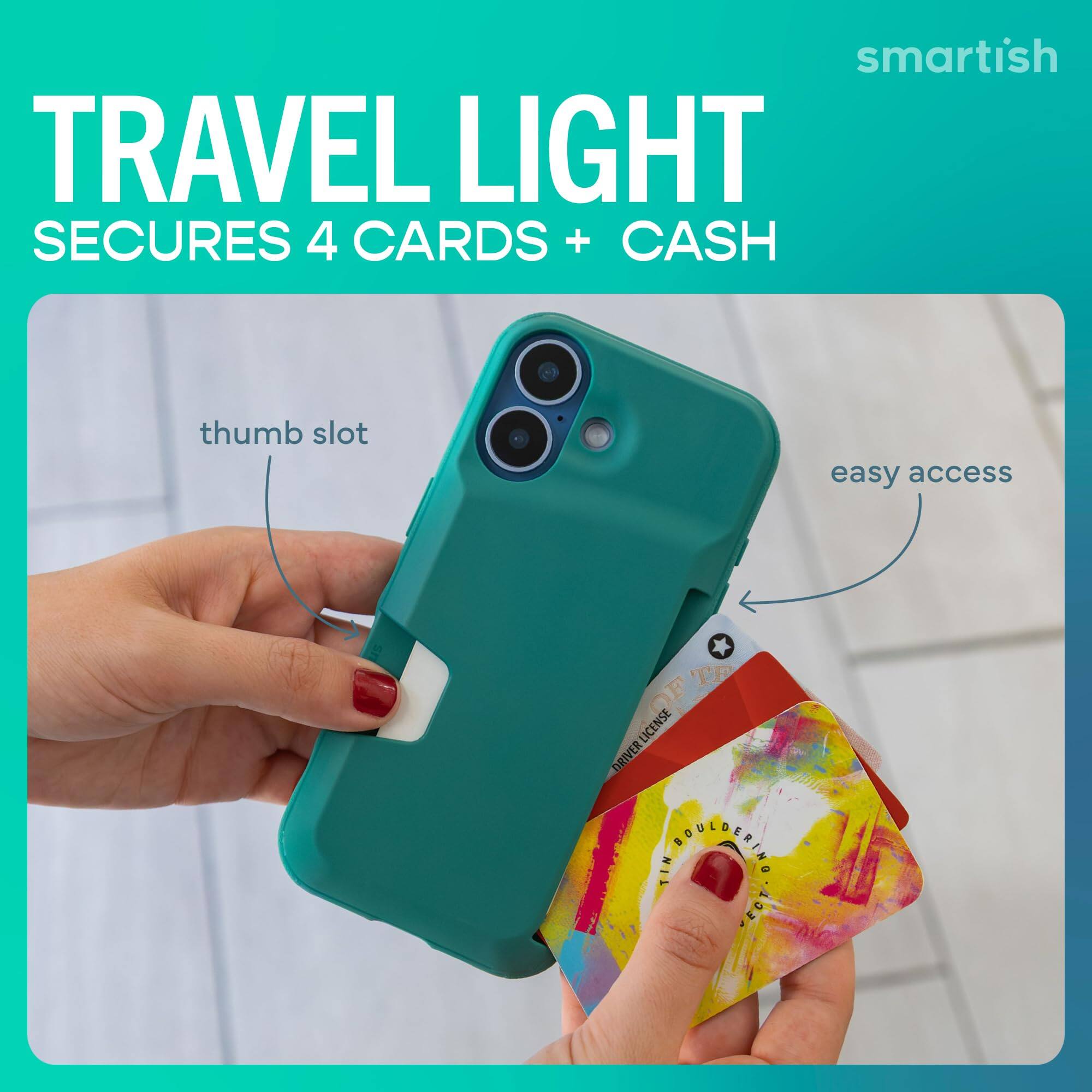 smartish TRAVEL LIGHT SECURES 4 CARDS + CASH  
thumb slot  
easy access  
DRIVER LICENSE TIN PREMIERING ECT