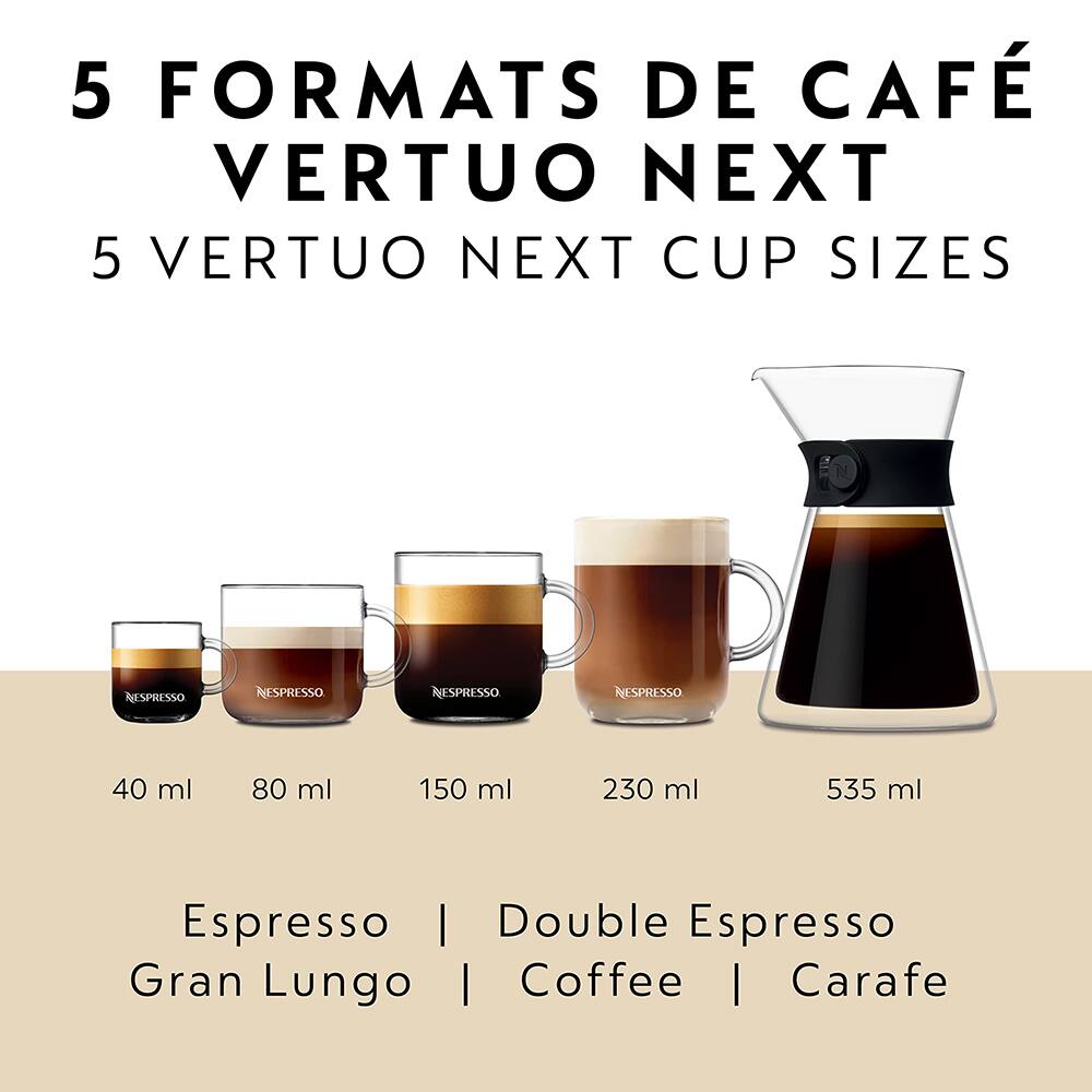 5 FORMATS DE CAFÉ VERTUO NEXT  
5 VERTUO NEXT CUP SIZES  

40 ml  
80 ml  
150 ml  
230 ml  
535 ml  

Espresso | Double Espresso  
Gran Lungo | Coffee | Carafe