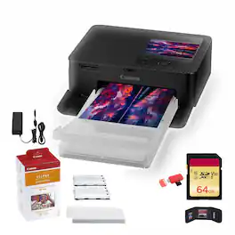 Canon - SELPHY CP1500 Compact Photo Printer (5539C001) + KP-108IN Color Ink and Paper Set + 64GB Card + More - Black