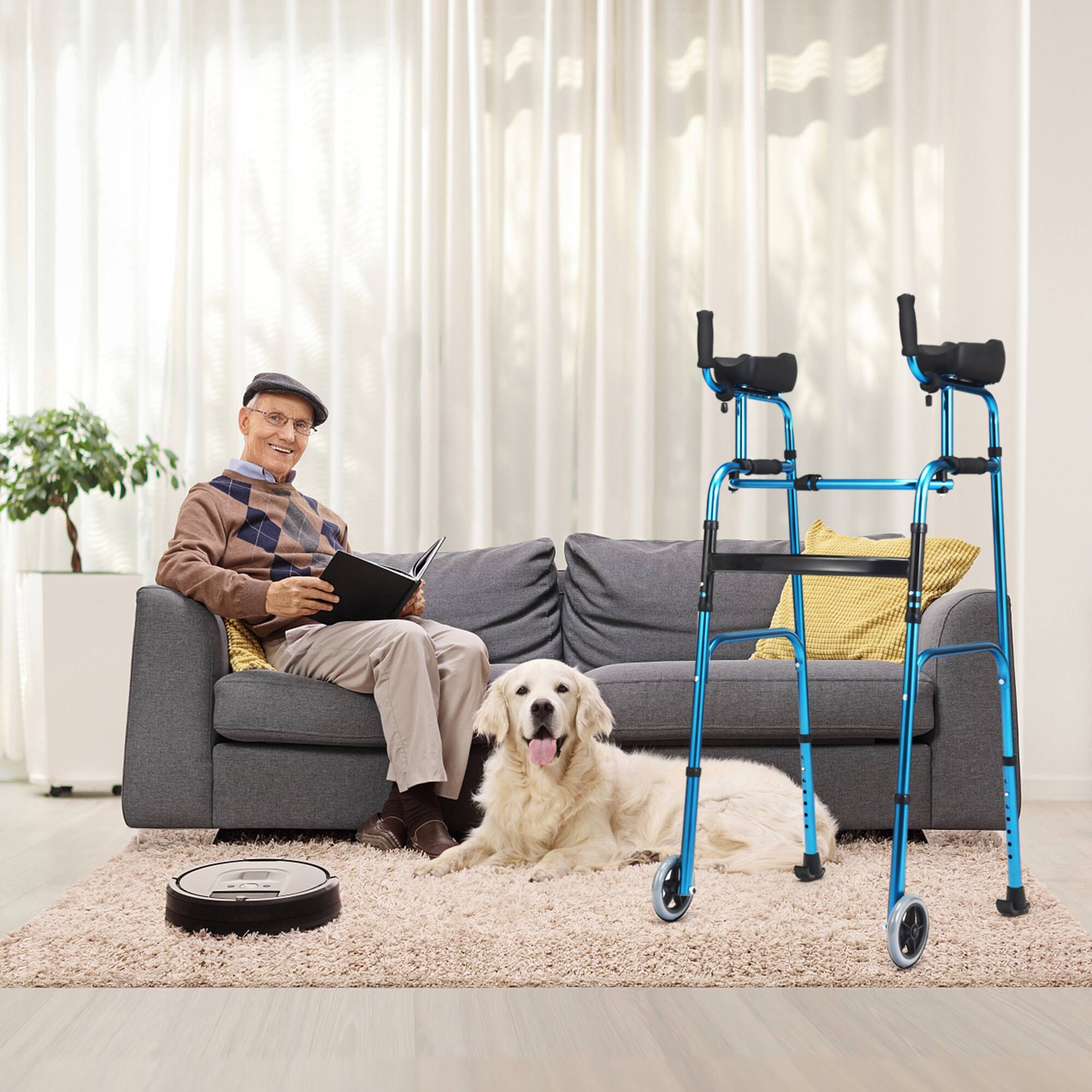 Alt View 3. Gymax - Gymax Folding Walker Adjustable Walking Frame Aluminum Walking Aid w/ Wheels Blue - Blue.