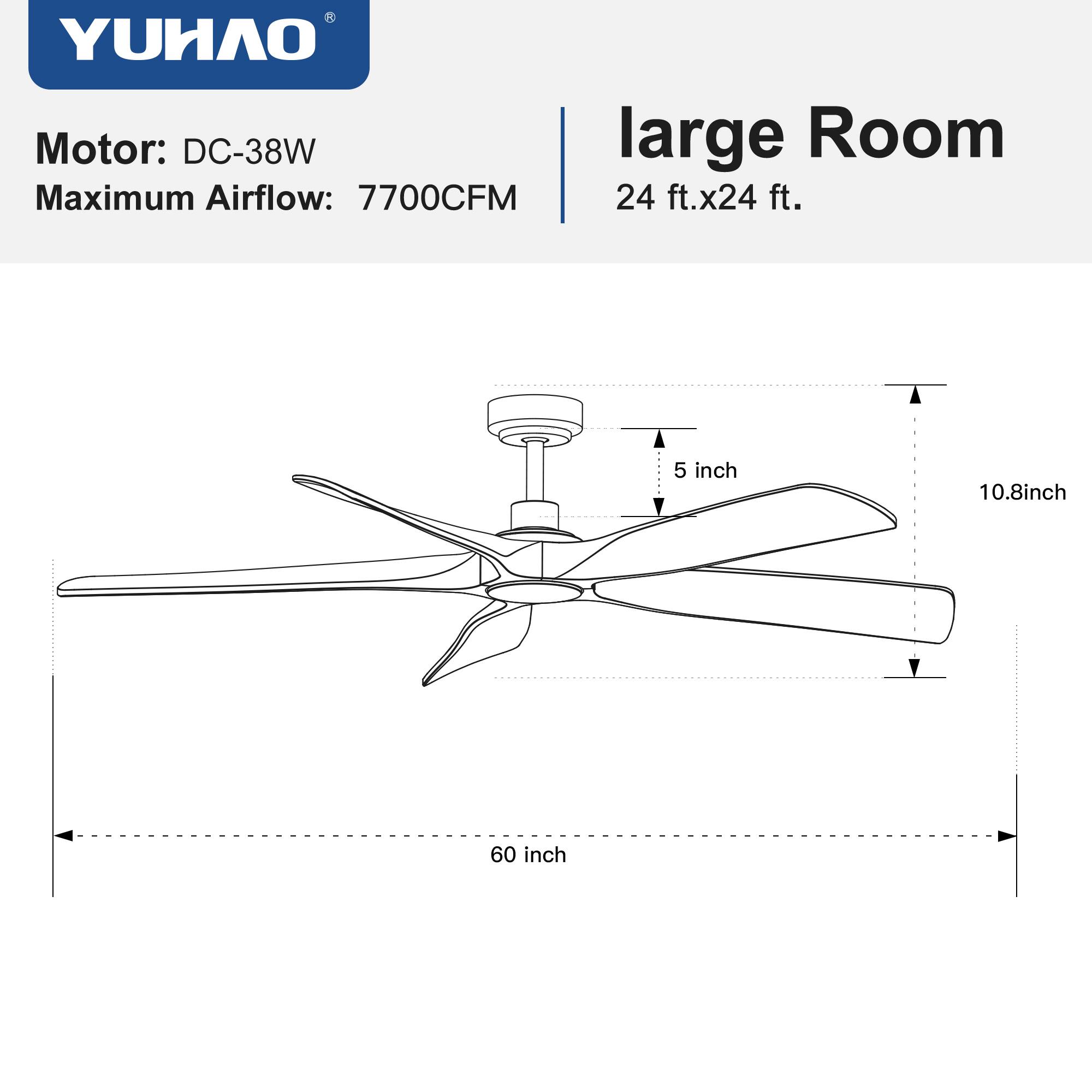YUHAO Motor: DC-38W  
Maximum Airflow: 7700CFM  
large Room 24 ft. x 24 ft.  
5 inch  
10.8 inch  
60 inch