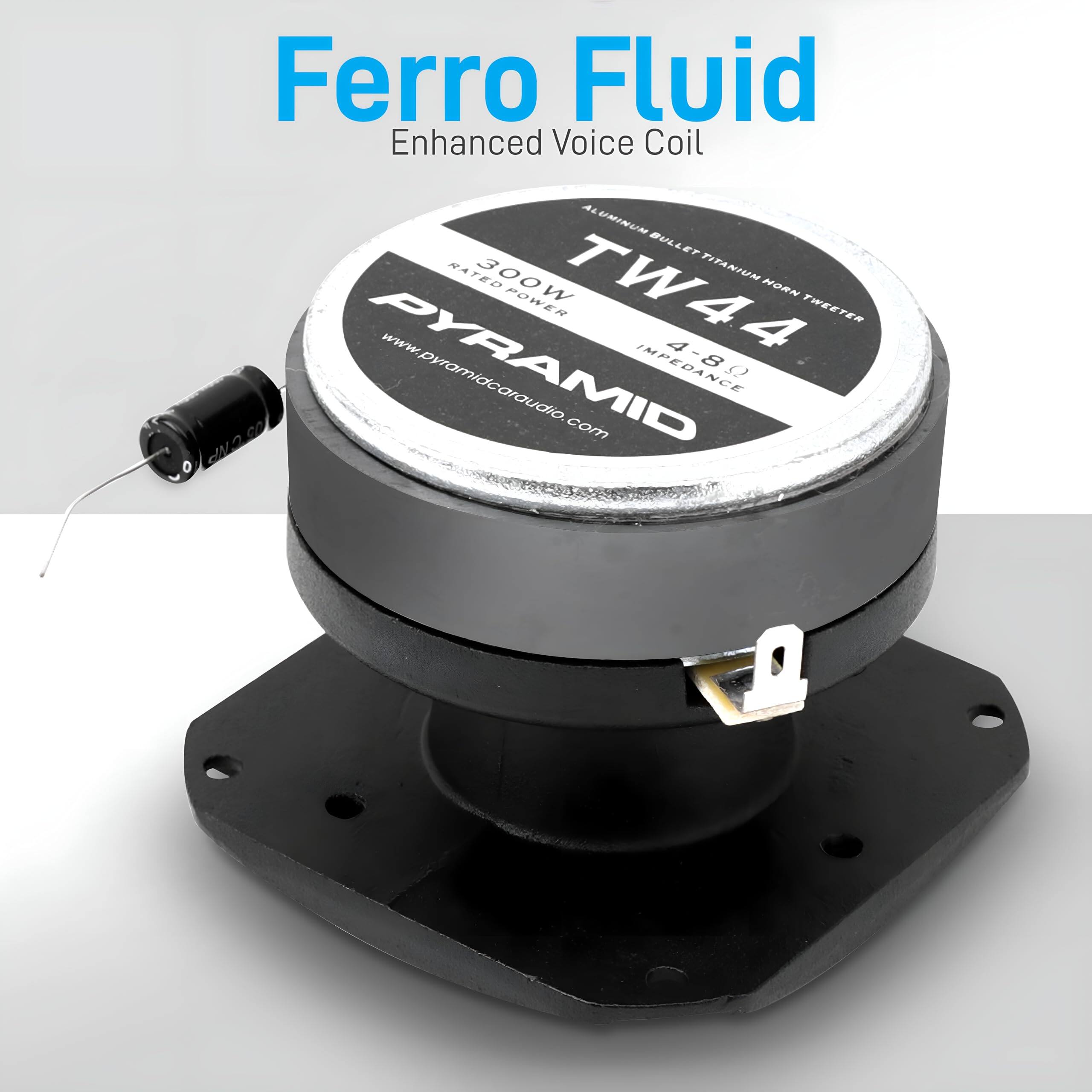 Ferro Fluid Enhanced Voice Coil  
ALUMINUM BULLET TITANIUM HORN POWER TWEETER  
RA 300W  
TW44  
4-8Ω  
www.pyramidcaraudio.com