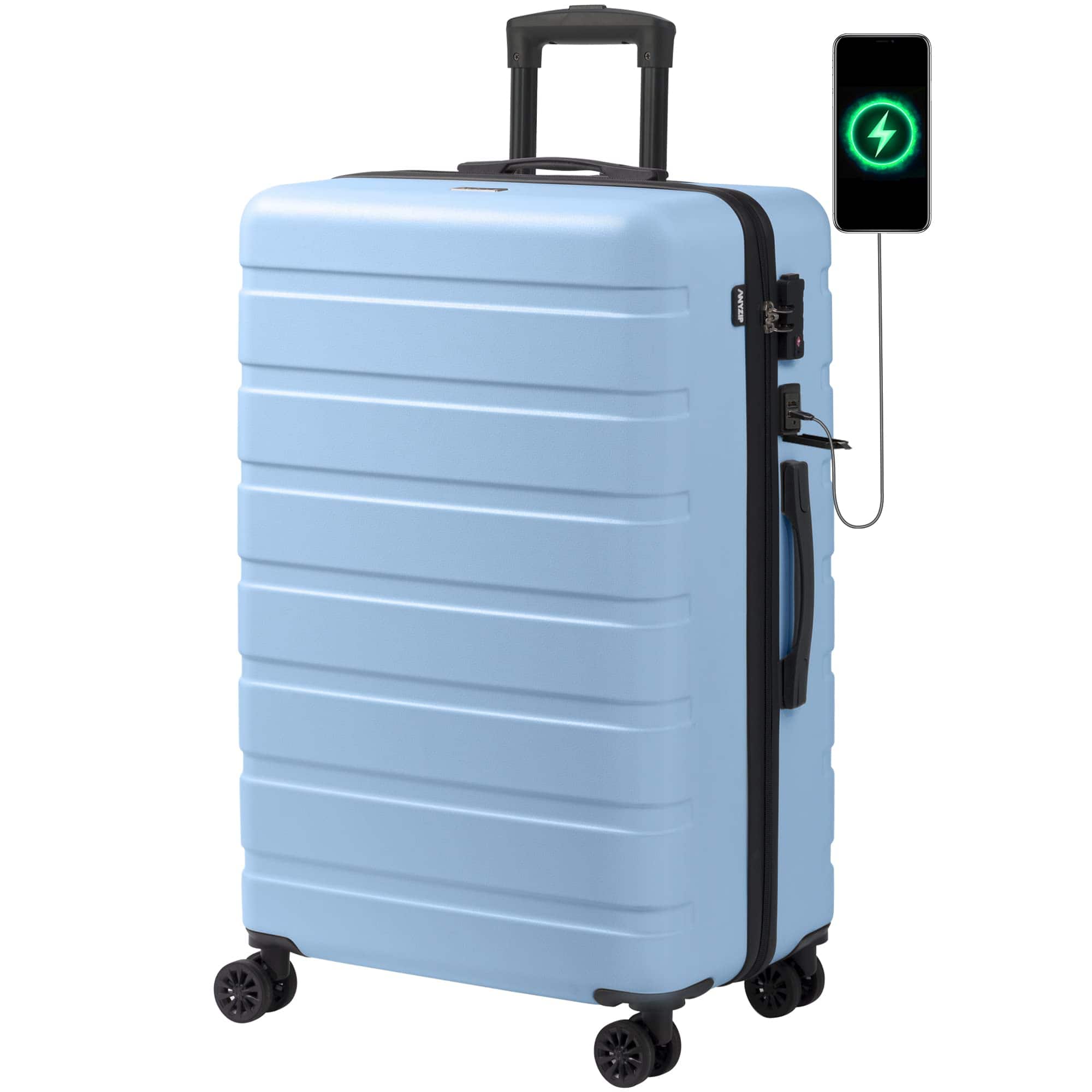 Brick Attic - 28 Inch Suitcase Hardside PC ABS Lightweight USB Luggage with Wheels TSA Lock Checked-Large - Light blue