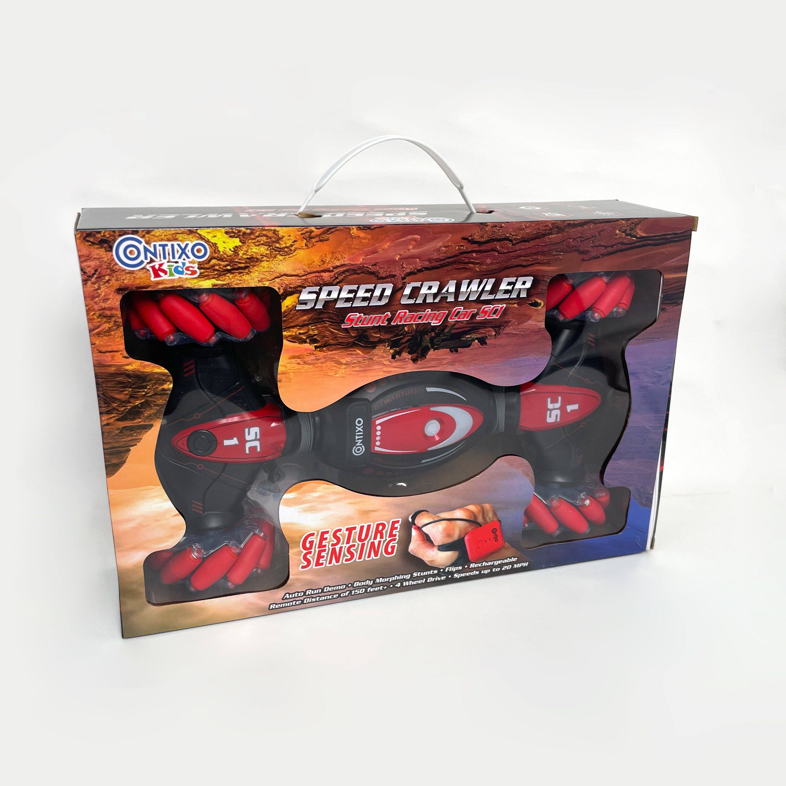 The text on the image is:

"ONIX KS SPEED CRAWLER Stunt Racing Kit SC-1 CONTIXO 3S 1 GESTURE SENSING Poa - Sre - Alorpshtrg Er Aeds. Sadty - Mhee Nr Denond 1 Pet Anstar H Cictae Memrie"

Corrected and grouped:

"ONIX KS SPEED CRAWLER Stunt Racing Kit SC-1 CONTIXO 3S 1 GESTURE SENSING. Power - Speed - Alarpshting. Ready - Move. Demonstrate 1 Pet Anstar H Cictae Memory"