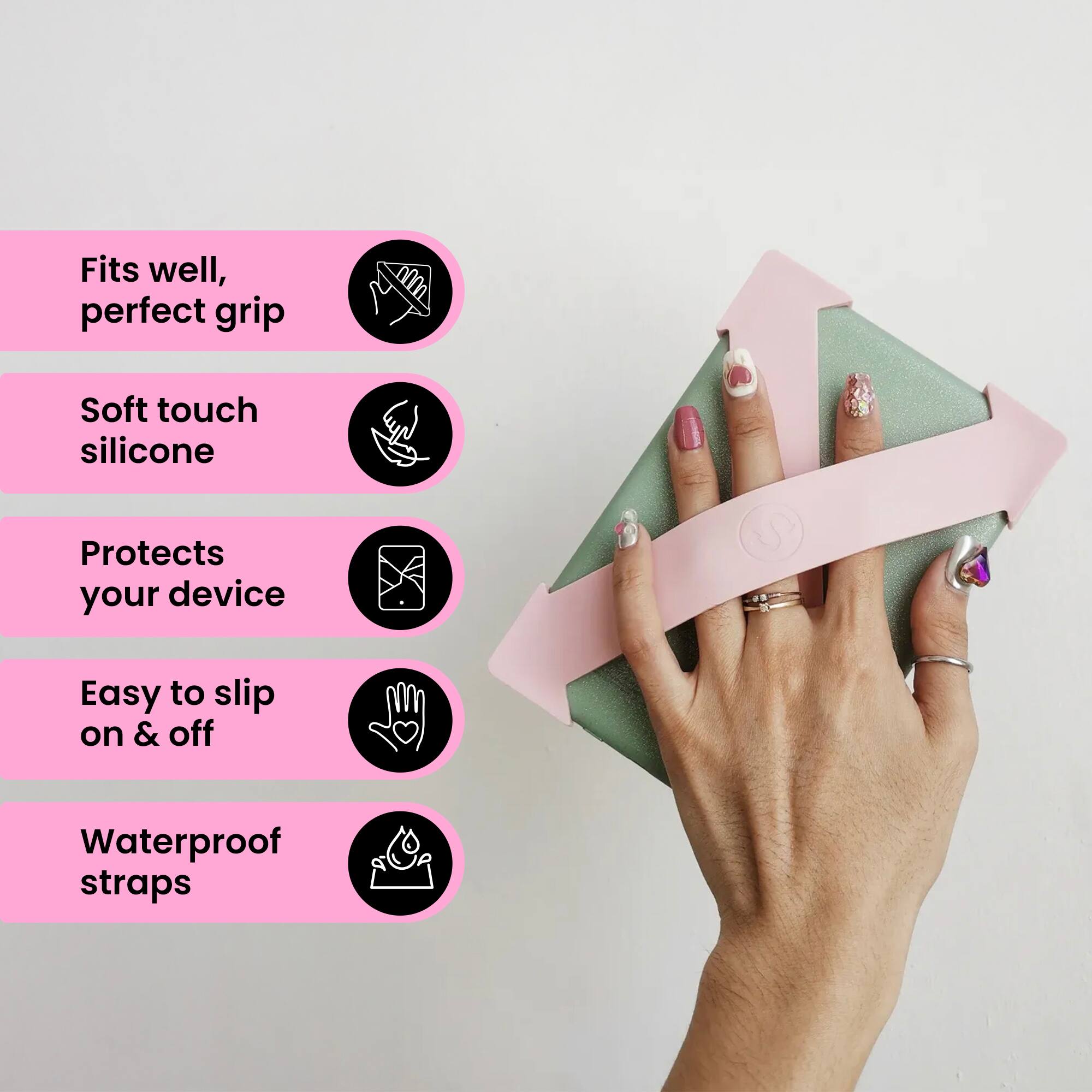 - Fits well, perfect grip
- Soft touch silicone
- Protects your device
- Easy to slip on & off
- Waterproof straps