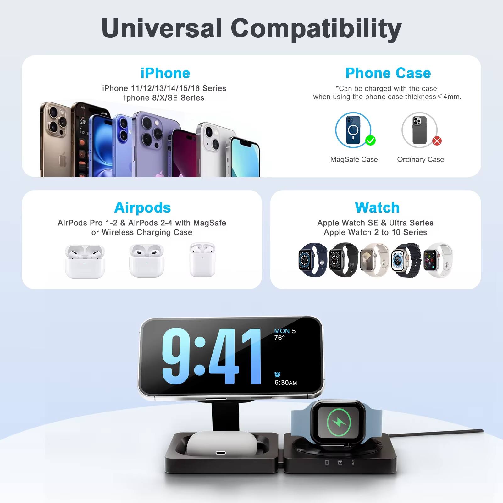 Universal Compatibility

iPhone
- iPhone 11/12/13/14/15/16 Series
- iPhone 8/X/SE Series

Phone Case
- *Can be charged with the case when using the phone case thickness ≤ 4mm.
  - MagSafe Case
  - Ordinary Case

Airpods
- AirPods Pro 1-2 & AirPods 2-4 with MagSafe or Wireless Charging Case

Watch
- Apple Watch SE & Ultra Series
- Apple Watch 2 to 10 Series

MON 5
76°
9:41
6:30AM