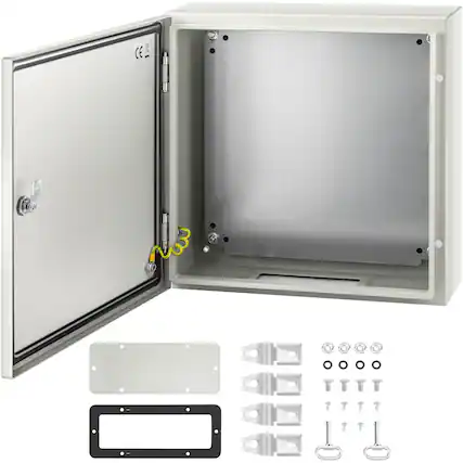 Front. VEVOR - NEMA Steel Enclosure, 20 x 20 x 6 in, NEMA 4X Steel Electrical Box, IP66 Waterproof & Dustproof - Gray White.