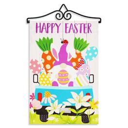 G128 - Garden Flag Hanger 14.2 in with 12x18 in Double-Sided Blockout Garden Flag, Happy Easter Gnome in Truck - Multicolor