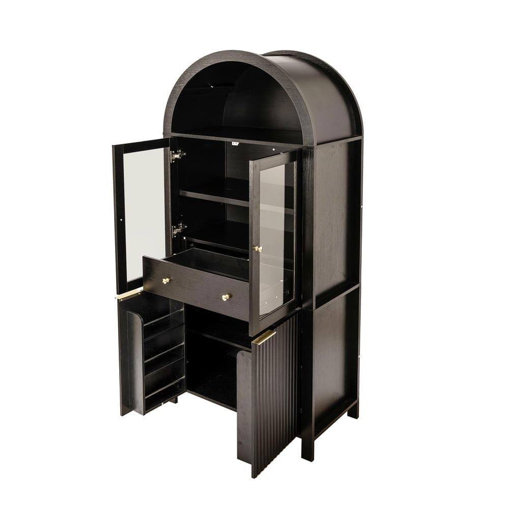 Alt View 1. Kadyn - 71" Fluted Arched Display Cabinet with Hidden Drawer and Glass Door - Black - Black.
