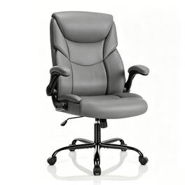Sweet - High Back Ergonomic Executive Office Chair with Lumbar Support Flip-Up Armrests, PU Leather Desk Chair - Gray