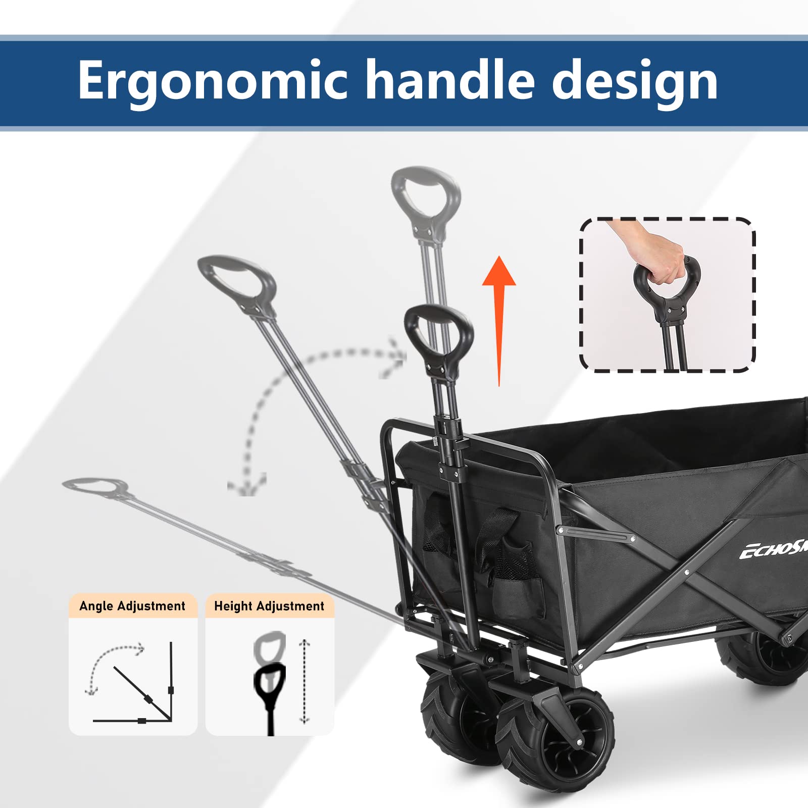 Ergonomic handle design, Angle Adjustment, Height Adjustment.