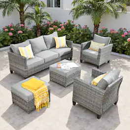 Ovios - 5 PCS Patio Furniture Set, Outdoor Wicker Sofa with Ottomans for Garden Porch Backyard - Dark Gray