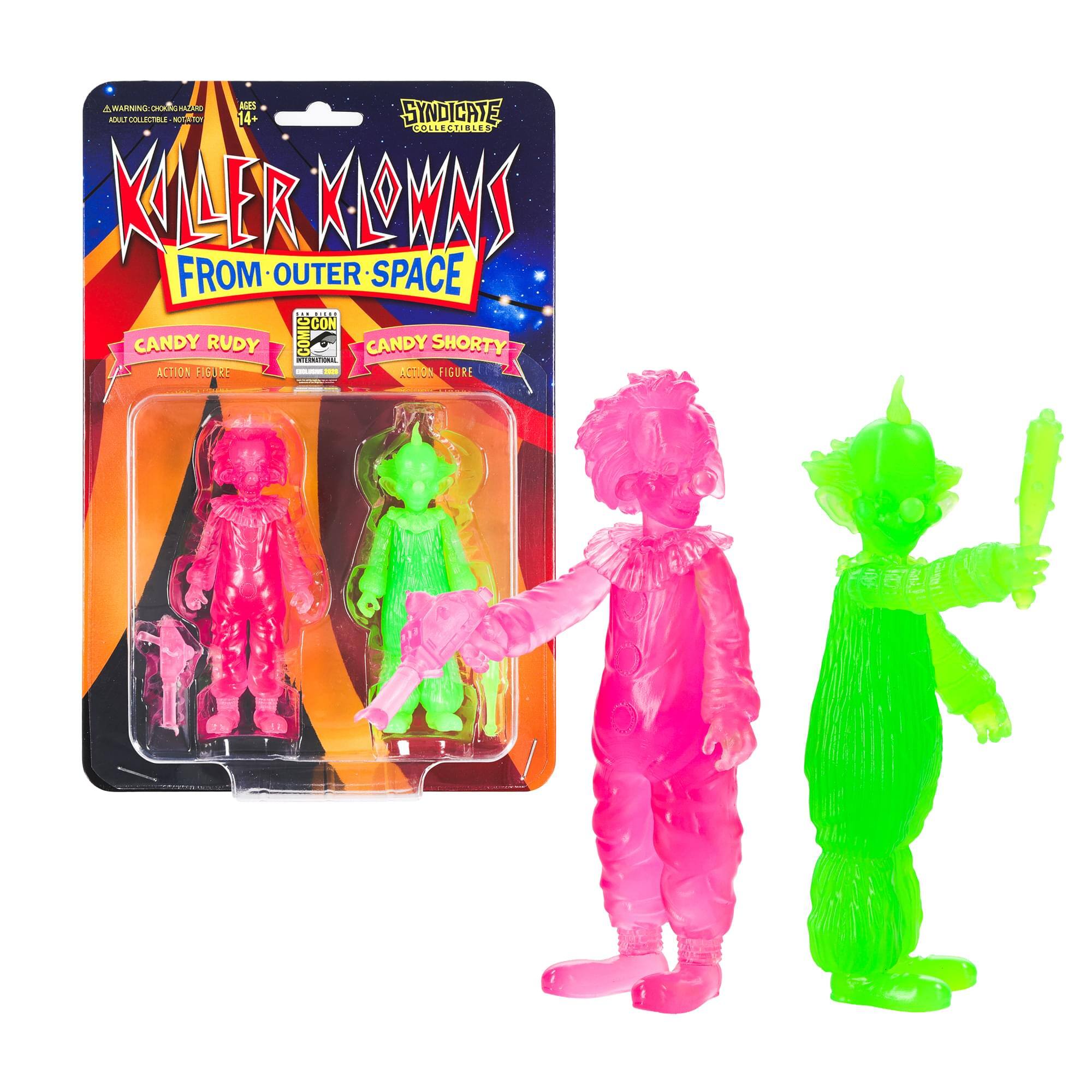 WARNING: CHOKING HAZARD - AGES ADULT COLLECTIBLE NOT A TOY 14+  
SYNDICATE COLLECTIBLES  
KILLER KLOWNS FROM OUTER SPACE  
CANDY RUDY  
CANDY SHORTY  
ACTION FIGURE