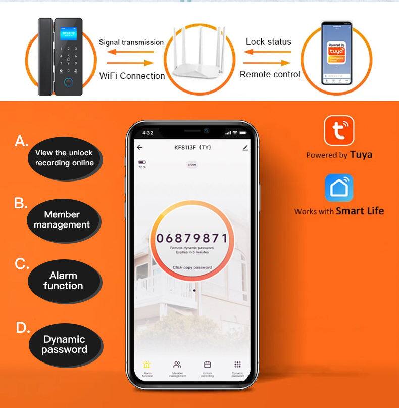 TEOLU - 1:  
- Signal transmission  
- WiFi Connection  
- Lock status  
- Remote control  

A. View the unlock recording online  
B. Member management  
C. Alarm function  
D. Dynamic password  

KF8113F (TY) - Powered by Tuya  
Works with Smart Life  

06879871  
Remote dynamic password  
Expires in 5 minutes  
Click copy password