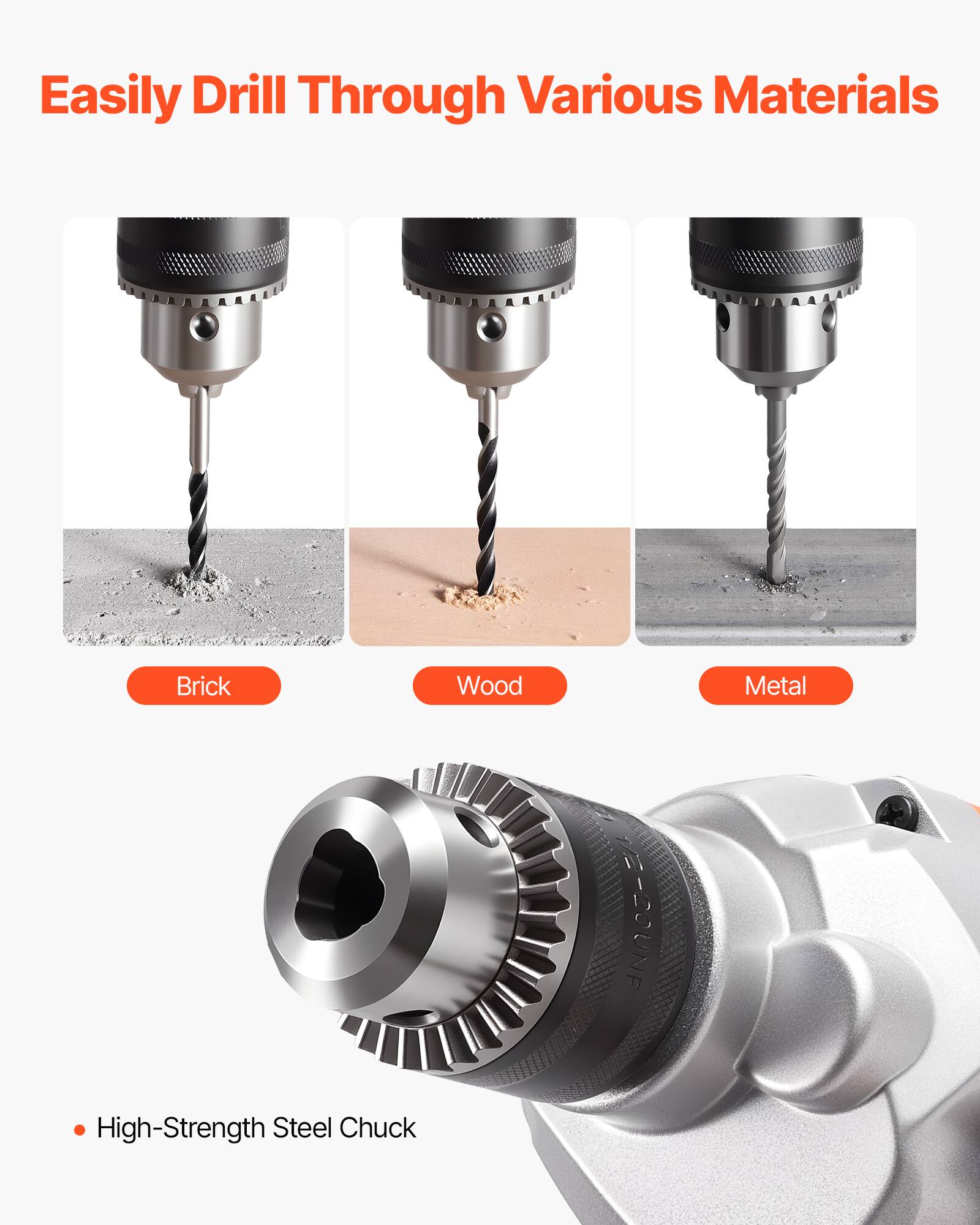 Easily Drill Through Various Materials

Brick Wood Metal

High-Strength Steel Chuck

VIE-20UNF