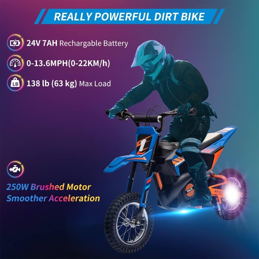 REALLY POWERFUL DIRT BIKE

- 24V 7AH Rechargeable Battery
- 0-13.6MPH (0-22KM/h)
- 138 lb (63 kg) Max Load
- 250W Brushed Motor
- Smoother Acceleration