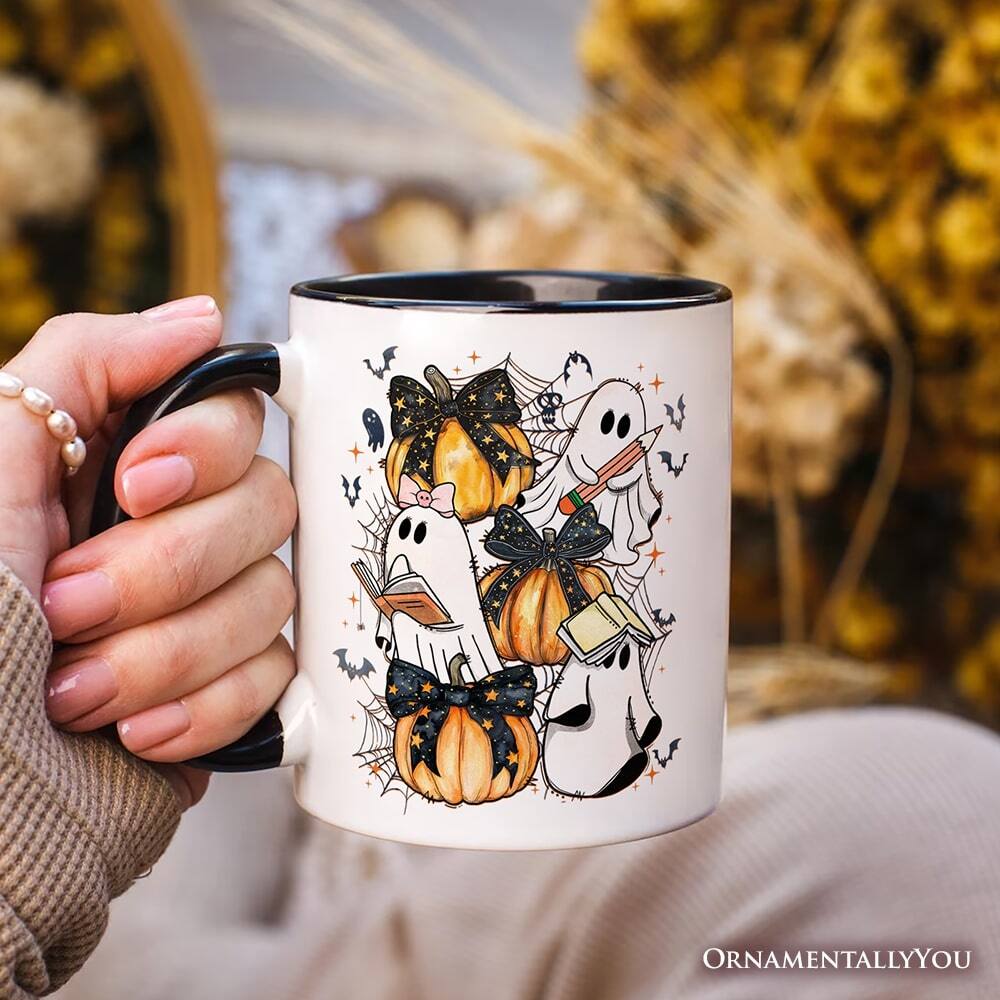 Left. OrnamentallyYou - Cute Ghost Teacher Halloween Mug, Retro Boo Spooky School Gift - White.