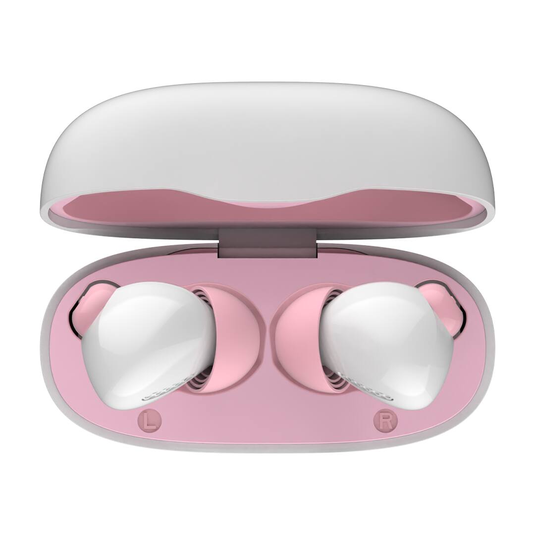 Angle. myFirst - CareBuds -  Kids Wireless Earbuds with 85dB Volume Limit, Built-in Mic, 6 Ear Tips - White.