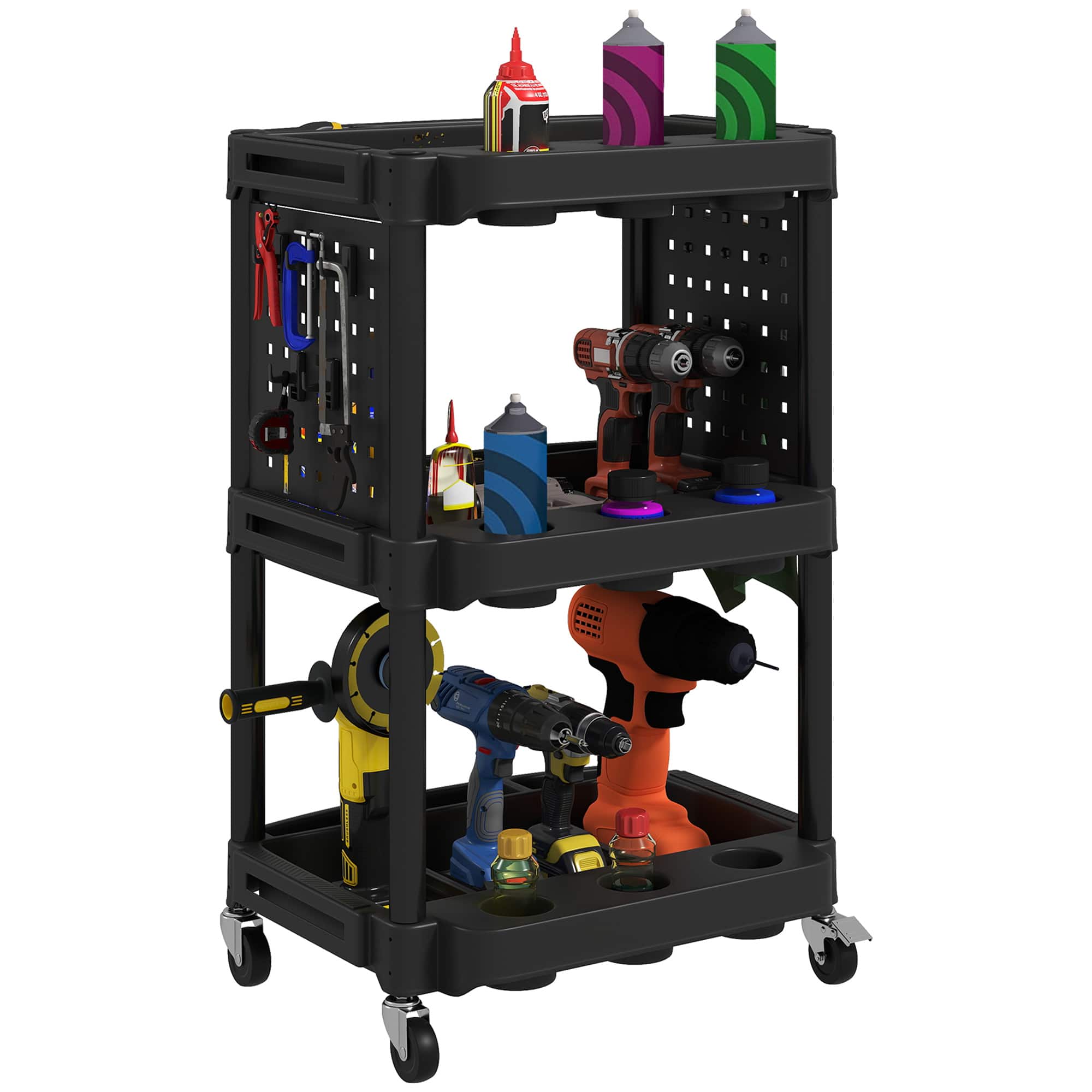 Homcom - 3-Tier Rolling Tool Cart with Wheels, 200 LBS Capacity Plastic Utility Cart with Side Shelves - Black price history on PriceWatchPro