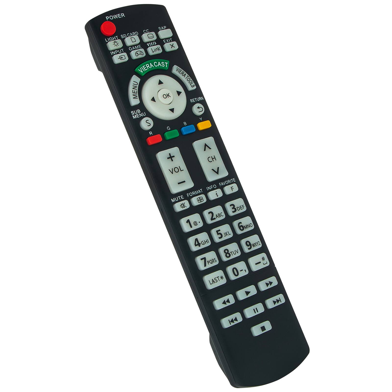 Sure, here is the corrected and grouped text from the image:

**Top Section:**
- POWER
- LIGHT SD CARD
- CC
- SAP
- EXIT
- NIMI Link
- GAME
- INPUT
- VIERA CAST
- VIERA TOOLS
- MENU
- OK
- RETURN
- SUB MENU
- SUR MENU
- S
- G
- B
- R
- Y
- A
- CH
- VOL
- MUTE
- INFO
- FAVORITE
- FORMAT
- F
- 1
- 2ABC
- 3DEF
- 4GHI
- 5JKL
- 6MNO
- 7PQRS
- 8TUV
- 9WXYZ
- 0-,
- LAST*
- 6MN
- 5 JKL
- 4GHI
- 9ka
- 8TUV
- 7PQRS
- 0-,
- LAST*
- Y
- 44
- D
- I
- K4

**Bottom Section:**
- 1
- 2ABC
- 3DEF
-