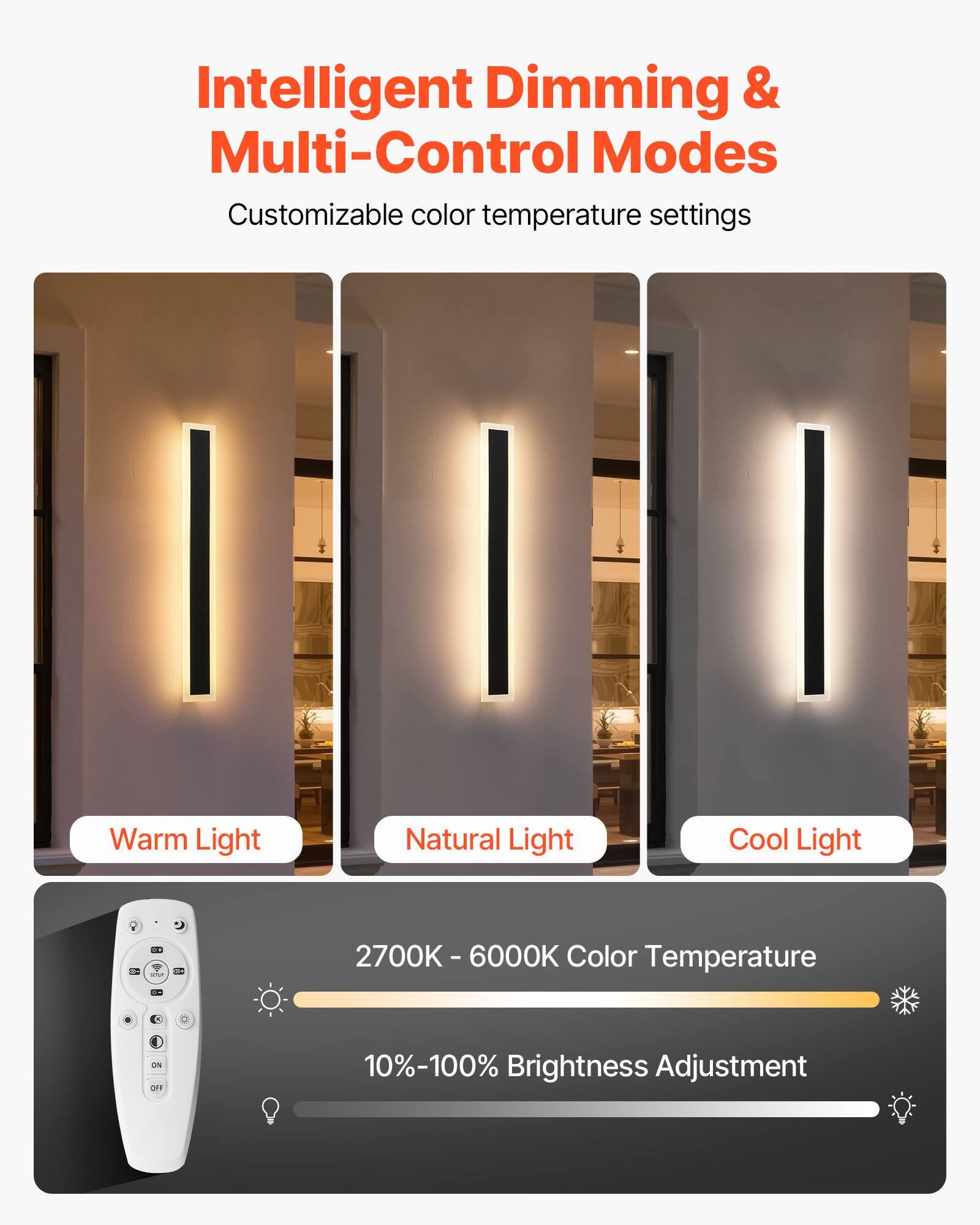 Intelligent Dimming & Multi-Control Modes

Customizable color temperature settings

Warm Light  
Natural Light  
Cool Light

2700K - 6000K Color Temperature

10%-100% Brightness Adjustment