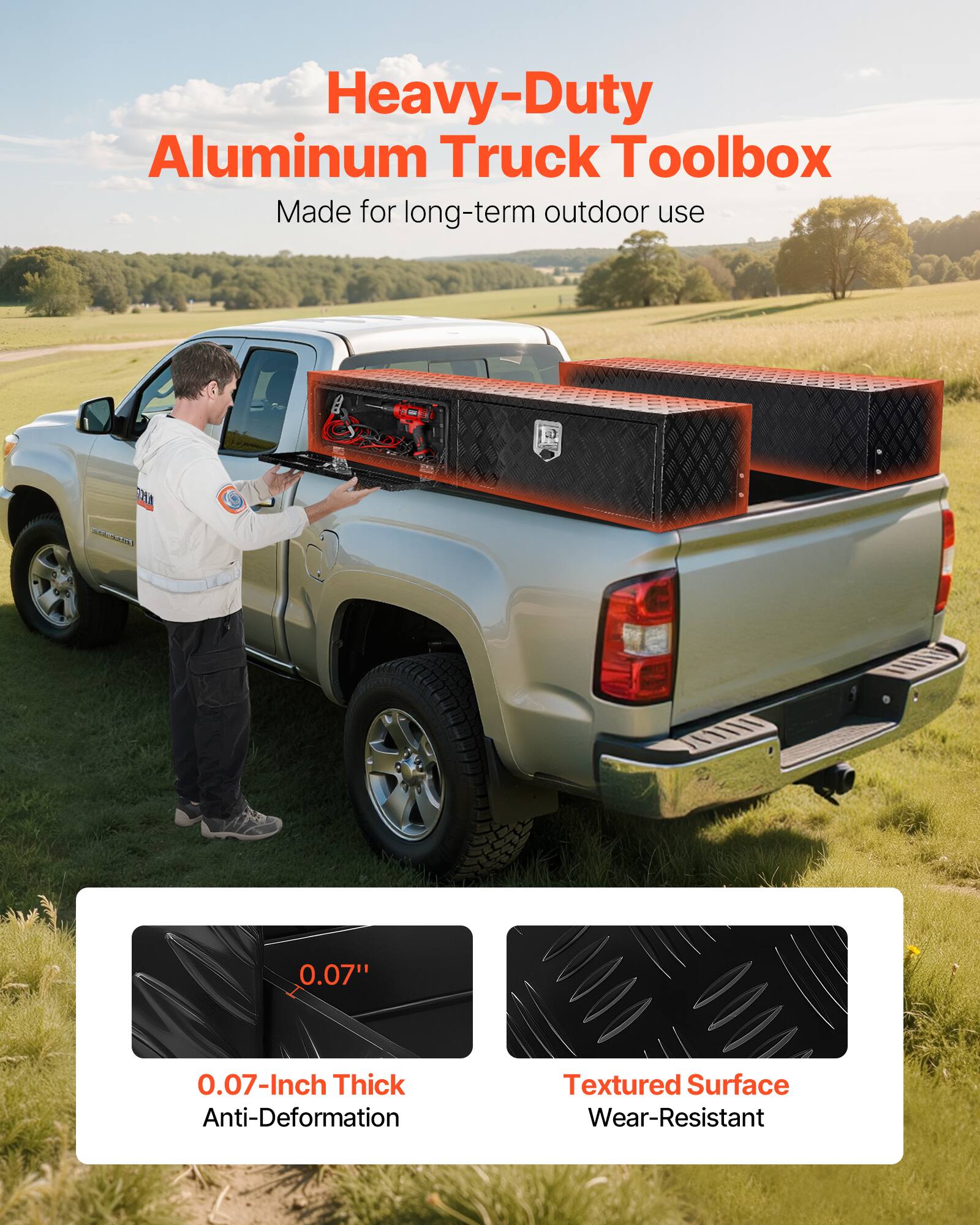 Heavy-Duty Aluminum Truck Toolbox  
Made for long-term outdoor use  

0.07-Inch Thick  
Anti-Deformation  

Textured Surface  
Wear-Resistant