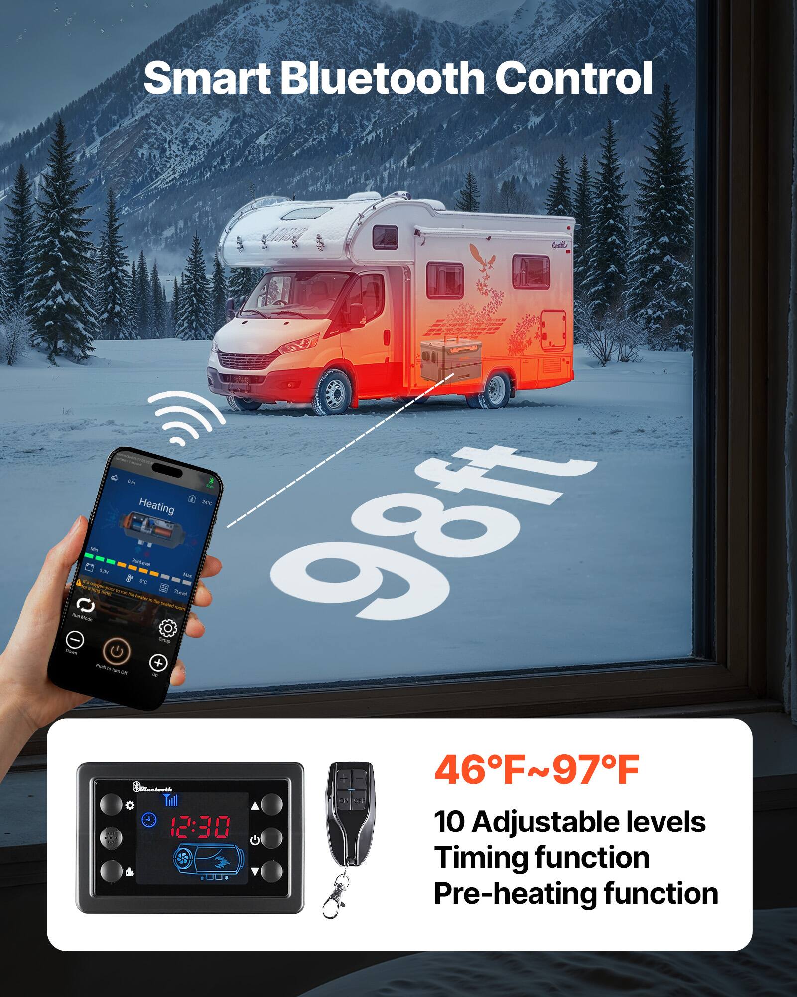 Smart Bluetooth Control

Heating DAYC Grupphy ToakoMOON - LION ido Puth %DV 200K W THEY MANA on PM FOODIUM NEW no + Setap Selead Lest - = UCH 98ft 46F~97F 0 Till 12:30 10 Adjustable levels Timing function Pre-heating function