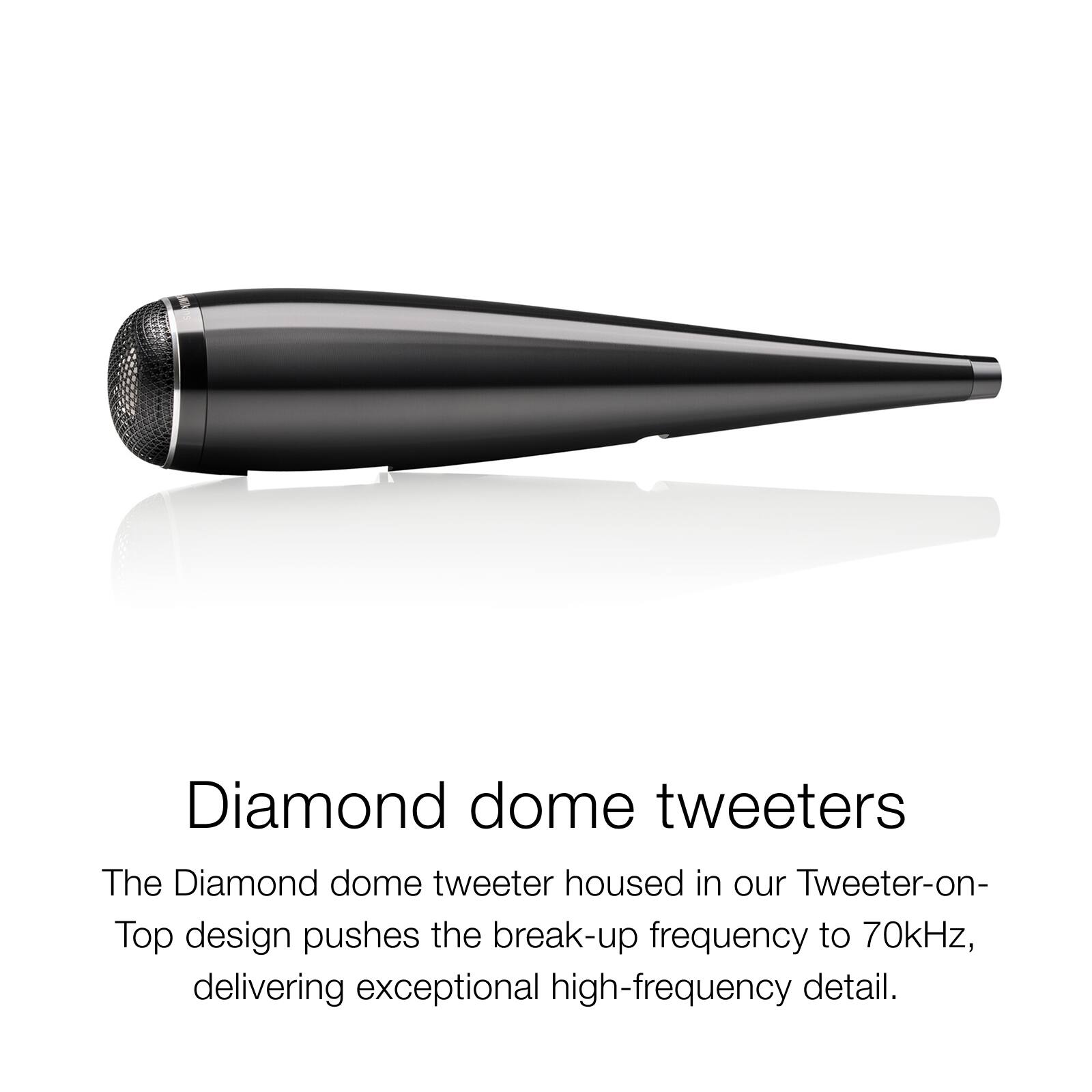 Diamond dome tweeters

The Diamond dome tweeter housed in our Tweeter-on-Top design pushes the break-up frequency to 70kHz, delivering exceptional high-frequency detail.