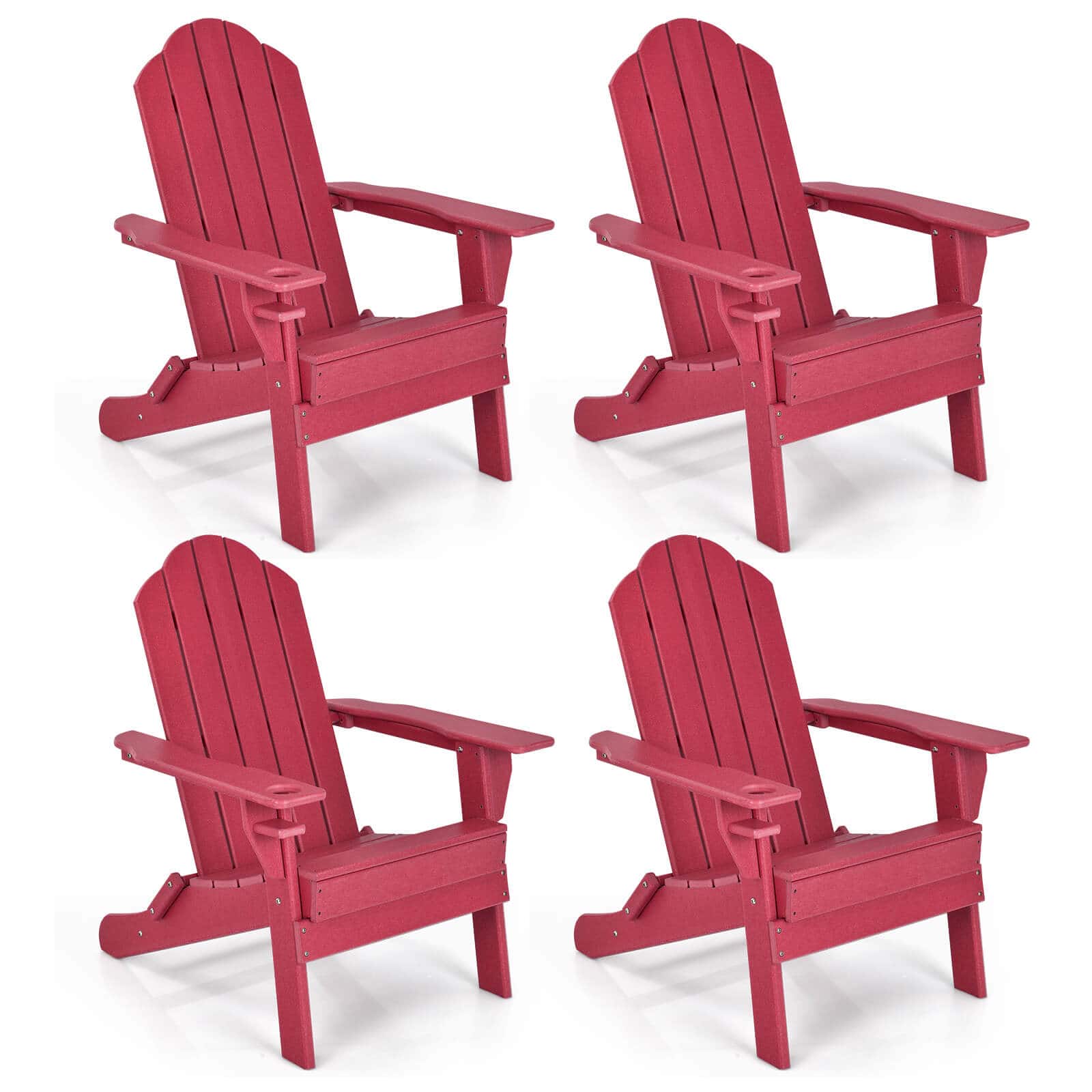 Costway - 4PCS Patio Folding Adirondack Chair Weather Resistant Cup Holder Yard - Red