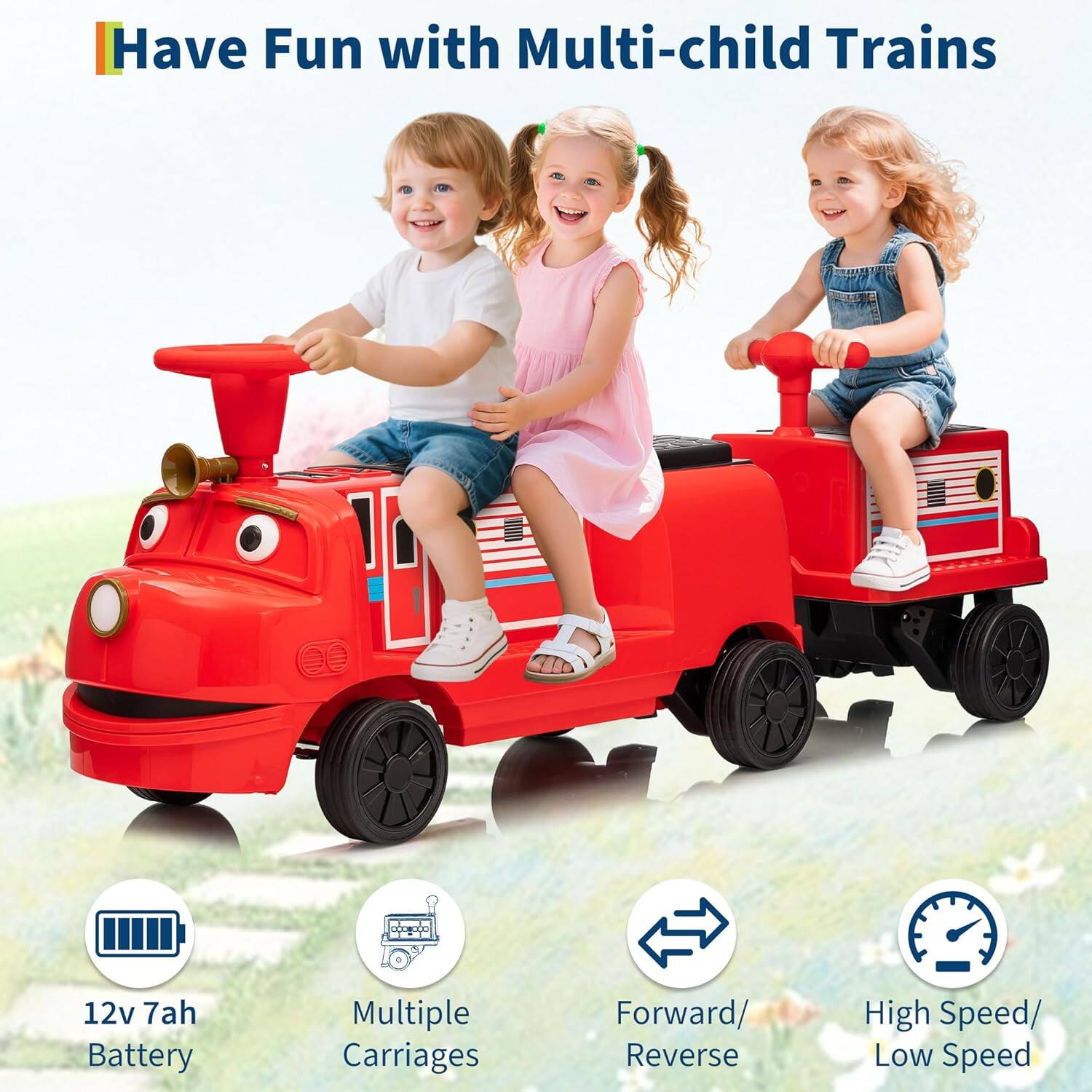 Have Fun with Multi-child Trains

- 12v 7ah Battery
- Multiple Carriages
- Forward/ Reverse
- High Speed/ Low Speed