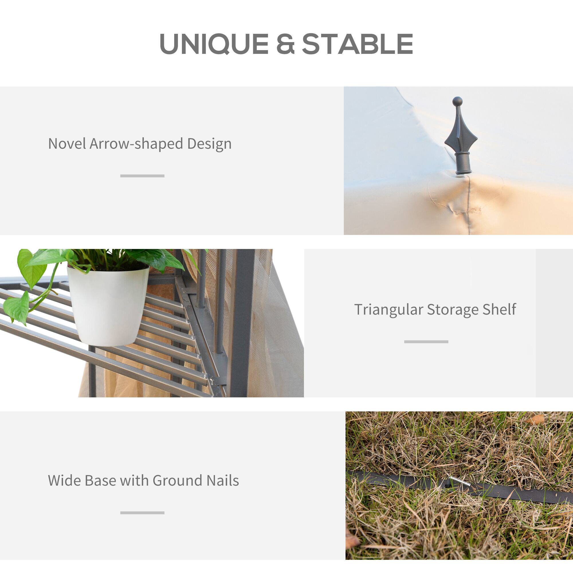 UNIQUE & STABLE
Novel Arrow-shaped Design
Triangular Storage Shelf
Wide Base with Ground Nails