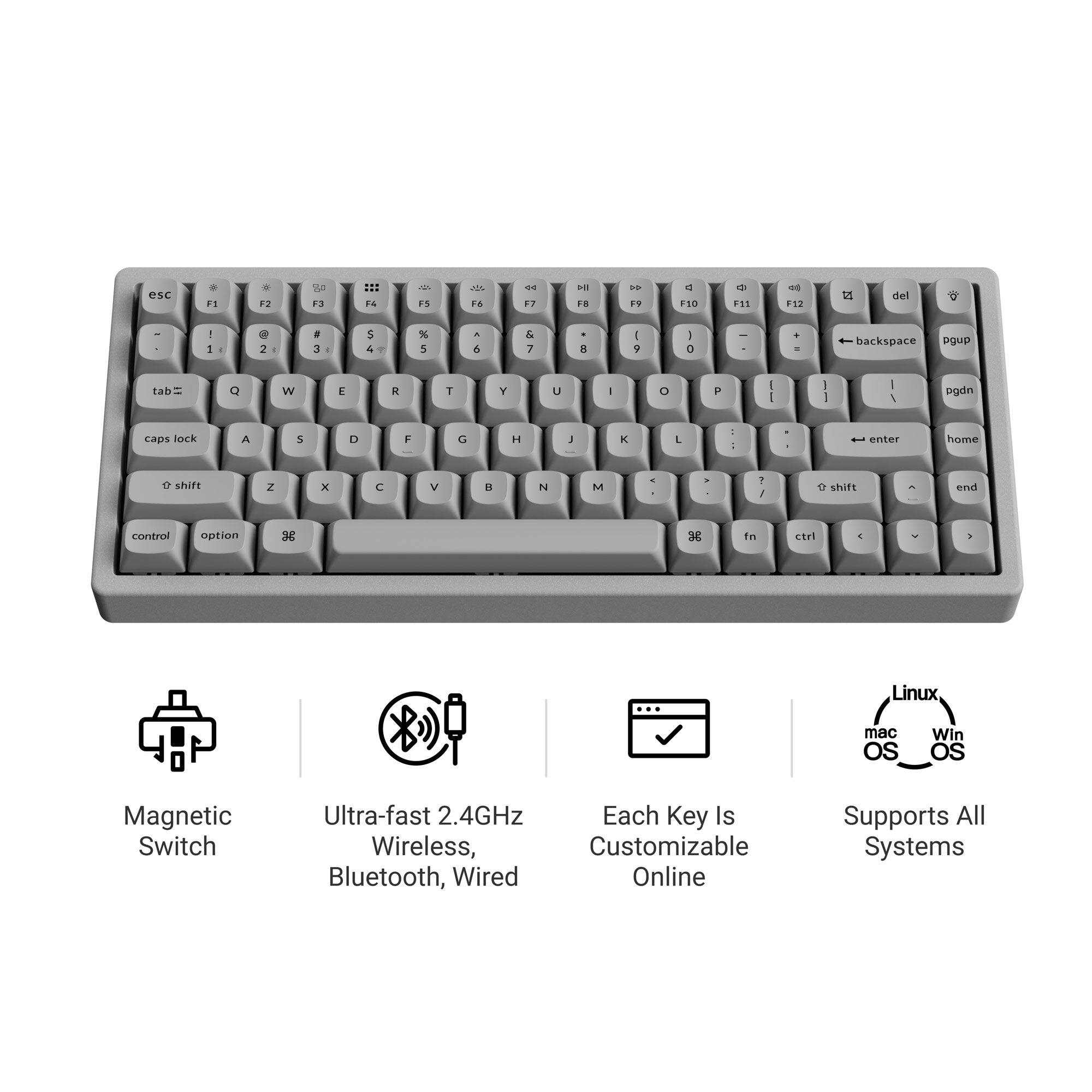 esc
F1
F2
F3
F4
F5
F6
F7
F8
F9
F10
F11
F12
del
! 1
@ 2
# 3
$ 4
% 5
^ 6
& 7
* 8
( 9
) 0
- _
+ =
backspace
pgup
tab
Q
W
E
R
T
Y
U
I
O
P
[ {
] }
| \
pgdn
caps lock
A
S
D
F
G
H
J
K
L
; :
' "
enter
home
shift
Z
X
C
V
B
N
M
< ,
> .
? /
shift
end
control
option
fn
ctrl
Linux
mac OS
Win OS
Magnetic Switch
Ultra-fast 2.4GHz Each Key Is Wireless, Customizable Bluetooth, Wired
Supports All Systems
