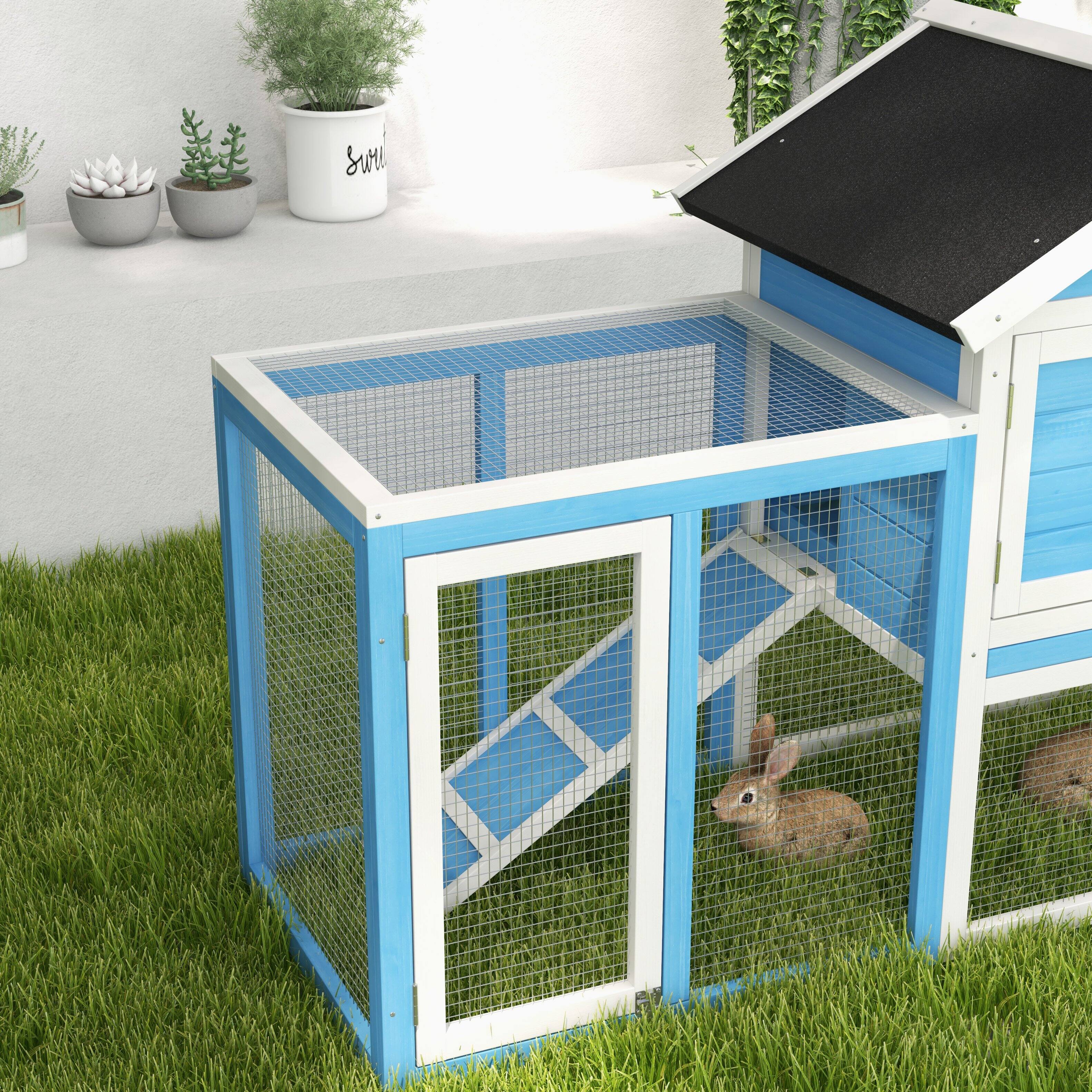 Alt View 4. Pawhut - 48" Wooden Rabbit Hutch Bunny Cage with Waterproof Asphalt Roof, Fun Outdoor Run, Removable Tray and Ramp.