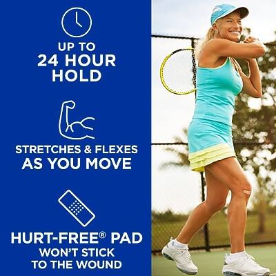UP TO 24 HOUR HOLD  
STRETCHES & FLEXES AS YOU MOVE  
HURT-FREE® PAD WON'T STICK TO THE WOUND