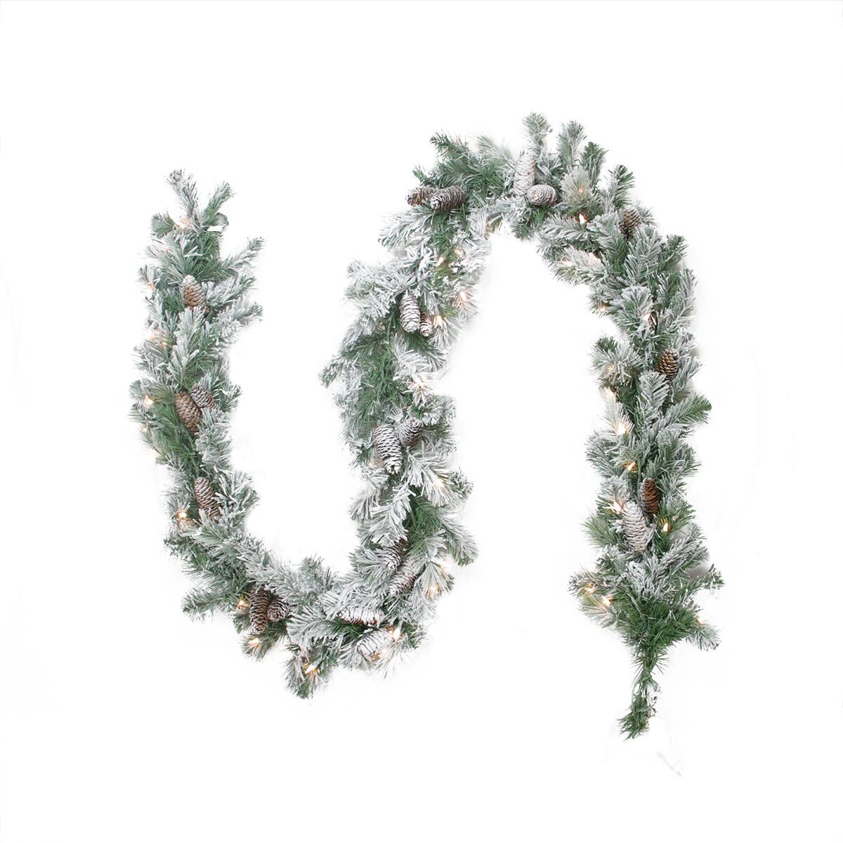 Front. Northlight - Pre-lit Flocked Victoria Pine Artificial Christmas Garland - 9' x 8" - Clear Lights - Green.