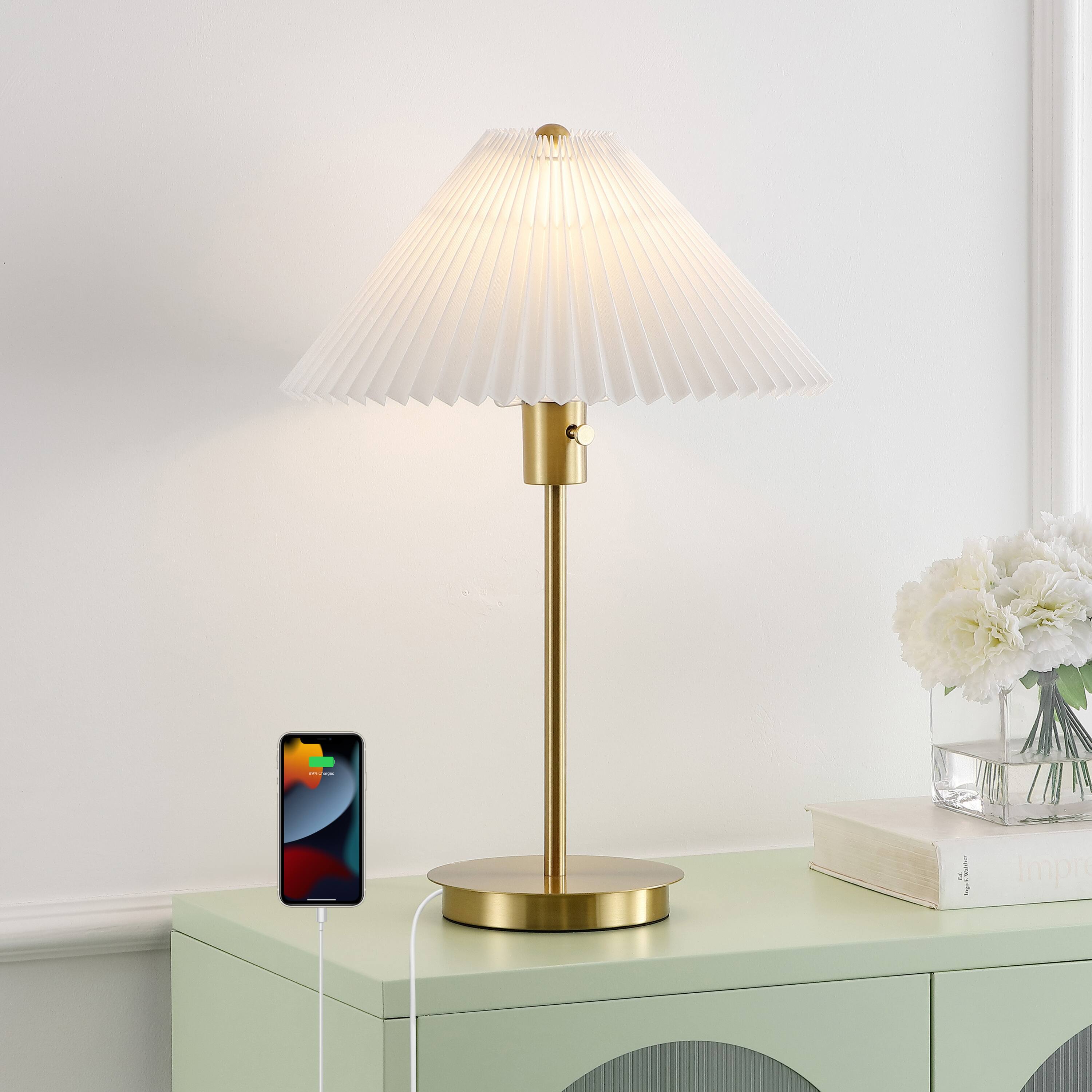 Alt View 1. Jonathan Y - Freida 21.25" Modern Glam Metal Column LED Table Lamp with USB Charging Port and Pleated Shade, Brass Gold/White - Brass Gold.