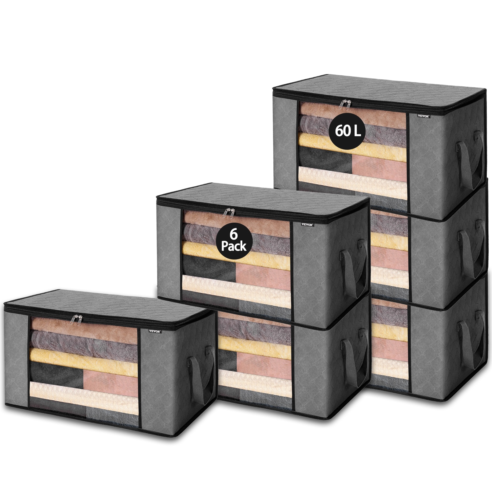 Front. VEVOR - 60L Large Storage Bags, 6 Pack Clothes Storage Bin, Foldable Closet Organizers Containers with Handle - Grey.