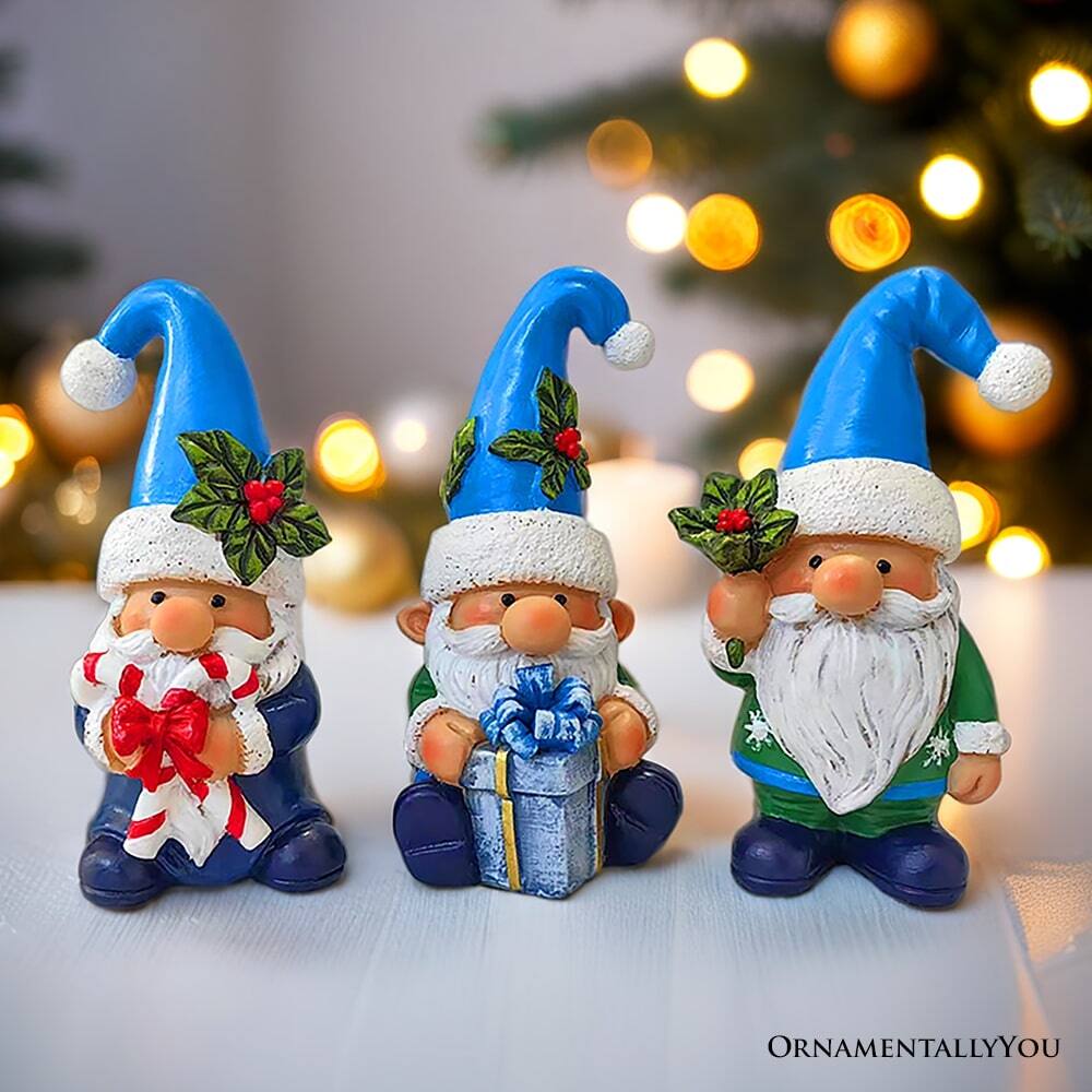 Alt View 2. OrnamentallyYou - Sky Blue Hat Festive Holiday Gnome Set of Three Miniature Christmas Tabletop Figurine Statues - Blue.