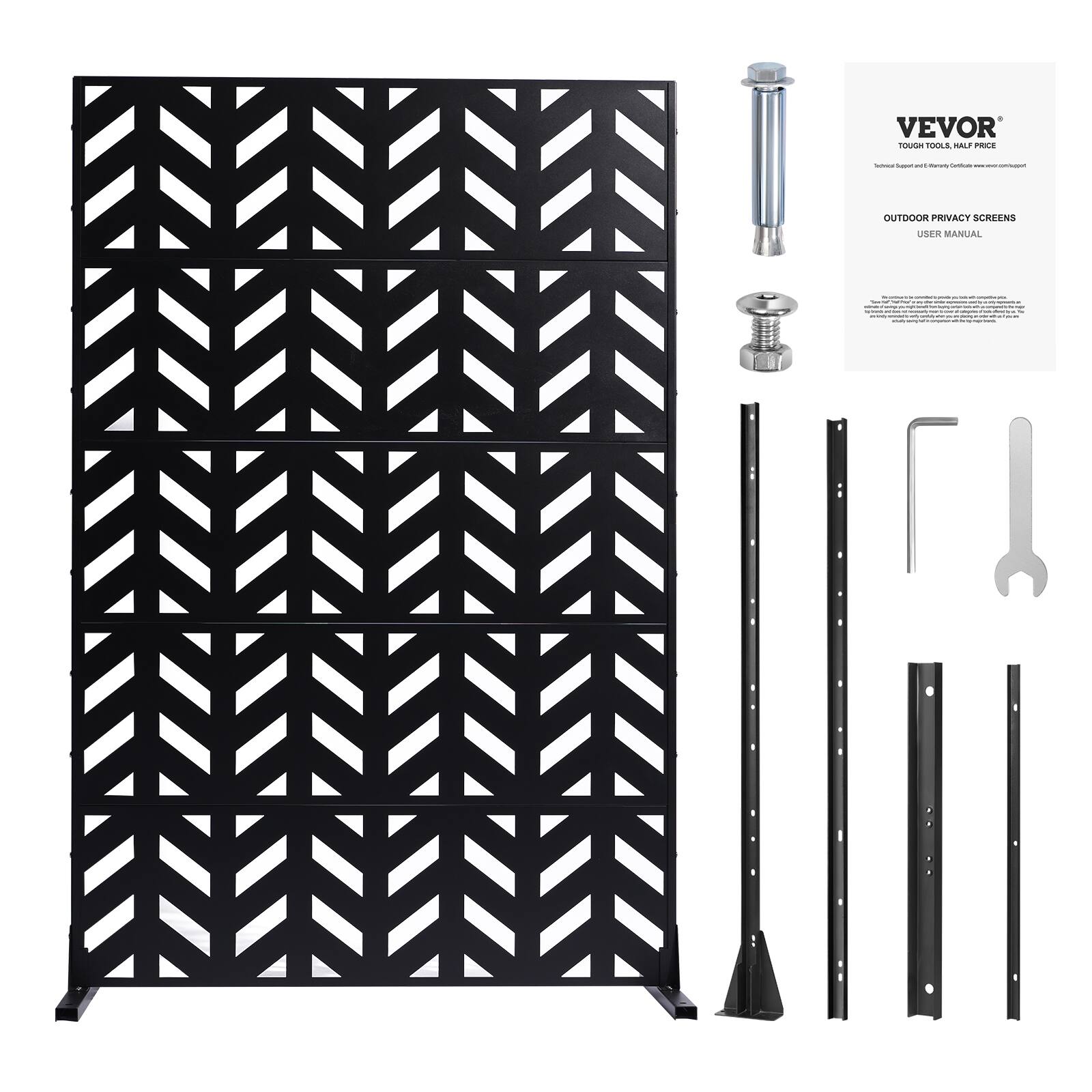 VEVOR  
TOUGH TOOLS, HALF PRICE  

OUTDOOR PRIVACY SCREENS  
USER MANUAL  

VEVOR  
Tough Tools, Half Price  
Customer Support & Efficiency Guarantee  
www.vevor.com  

OUTDOOR PRIVACY SCREENS  
USER MANUAL  

[Text in the image is not fully legible, but it appears to be instructions or information related to the product.]