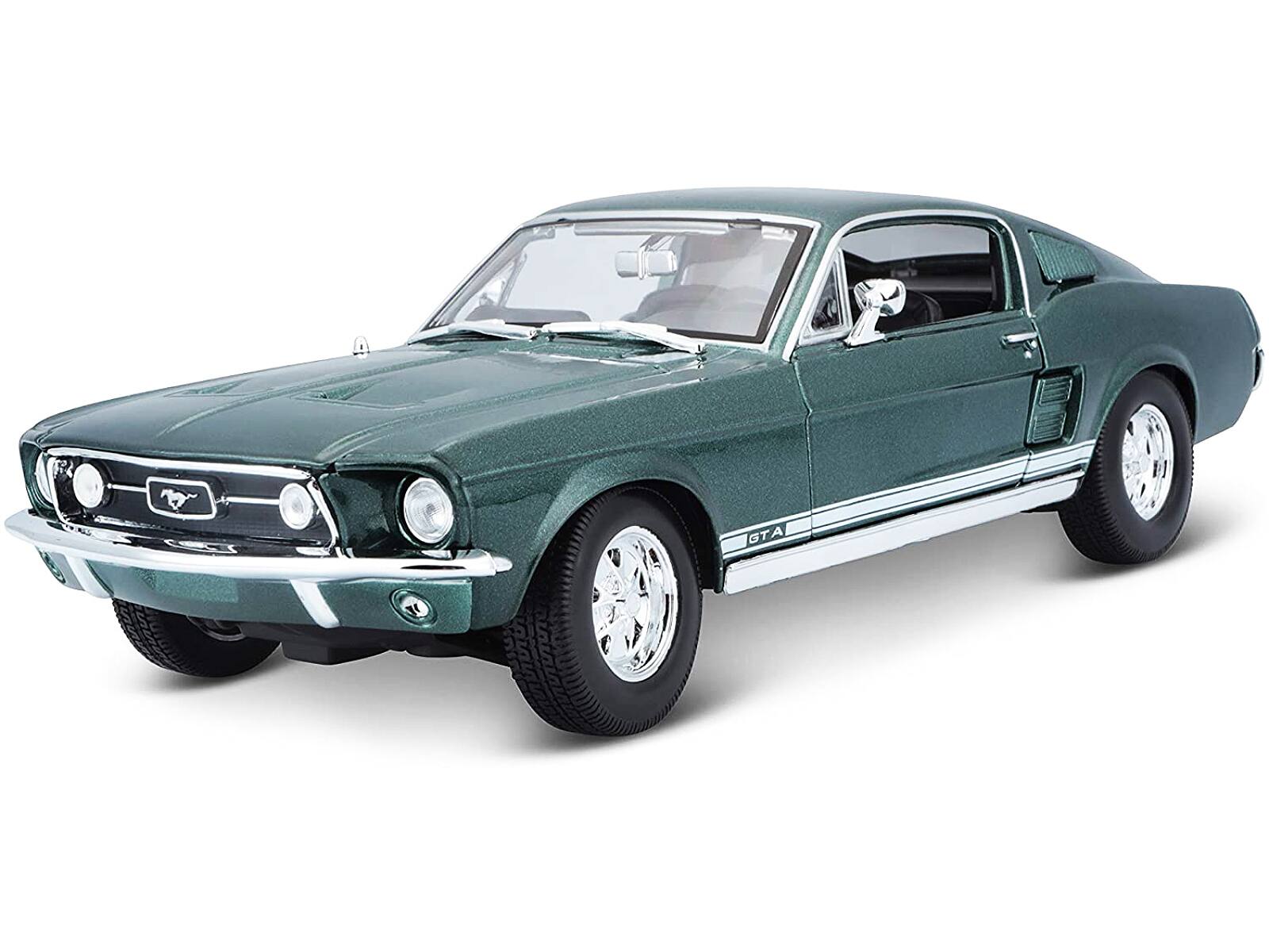 Front. Maisto - 1967 Ford Mustang GTA Fastback Green Metallic with White Stripes 1/18 Diecast Model Car by Maisto.